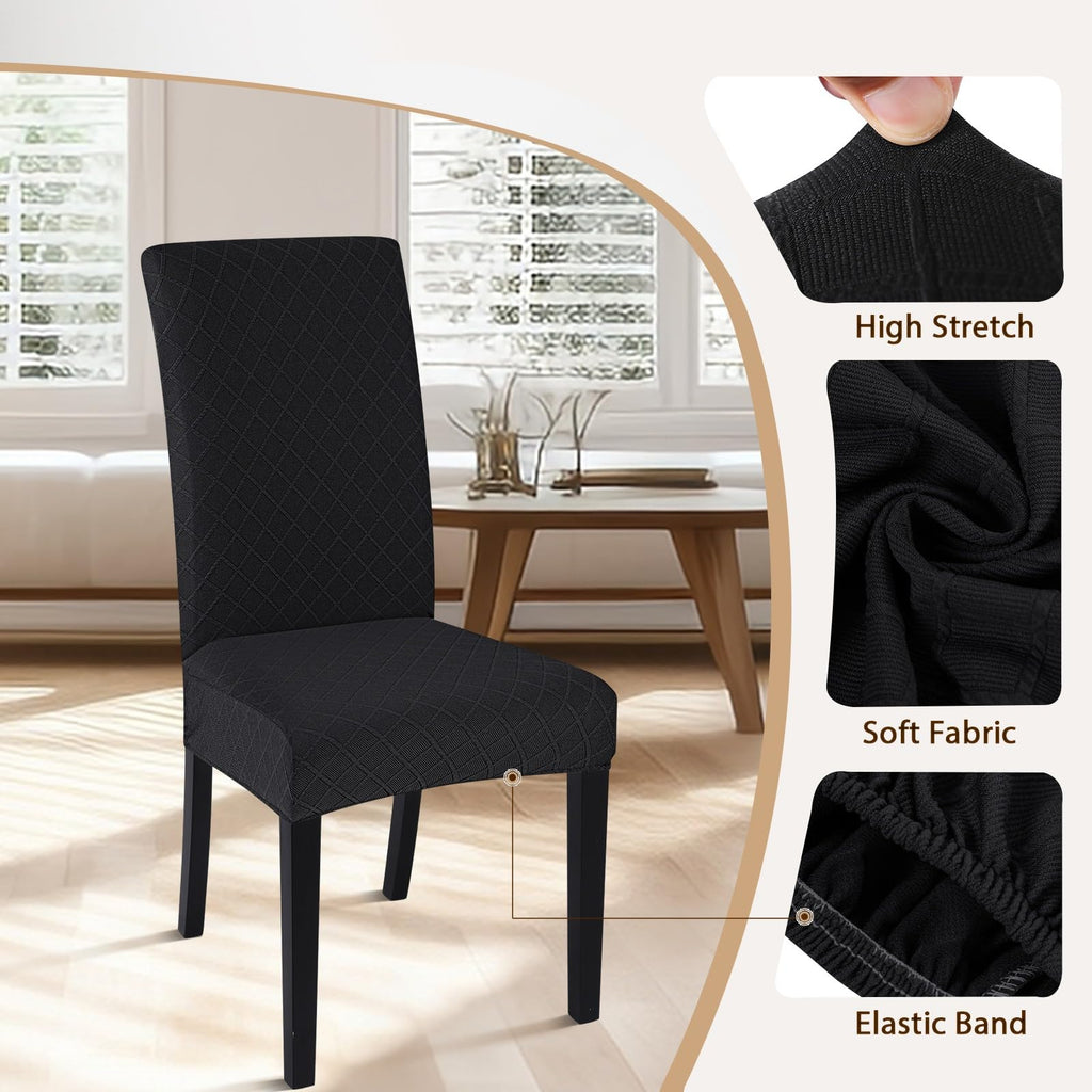 Searchi Dining Room Chair Covers Set Of 6, Stretch Jacquard Parsons Chair Slipcovers Removable Washable Kitchen Chair Protector Cover For Dining Room, Hotel, Ceremony (Black Rhombus)