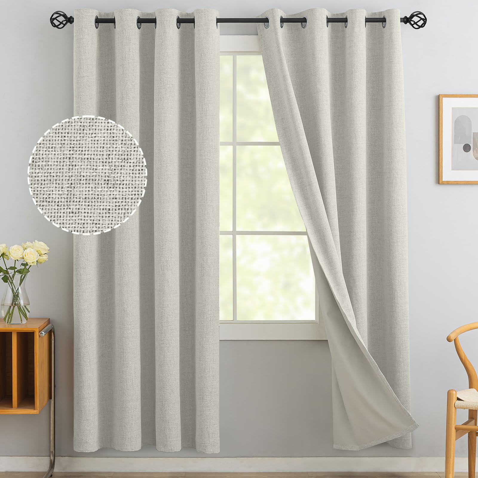 Yakamok Cream Linen Curtains 100% Blackout 72 Inches Long,Room Darkening Textured Curtains for Living Room Thermal Grommet Bedro