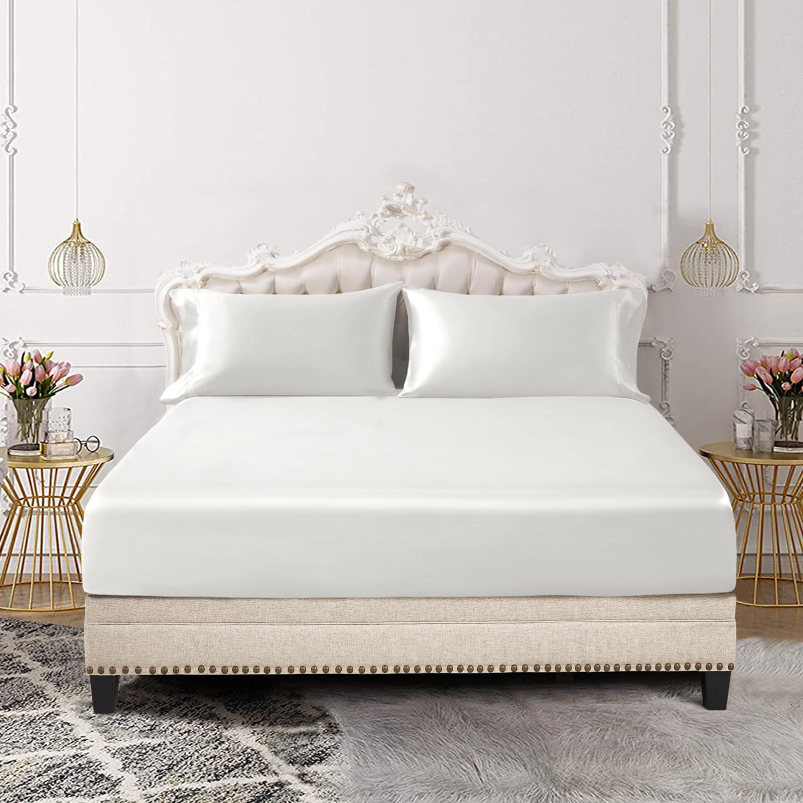 Siinvdabzx 3-Piece Set Satin King Fitted Sheet & 2 Pillowcase, Ivory White Silky Soft Fitted Bottom Sheet, Wrinkle Free, Fade Re