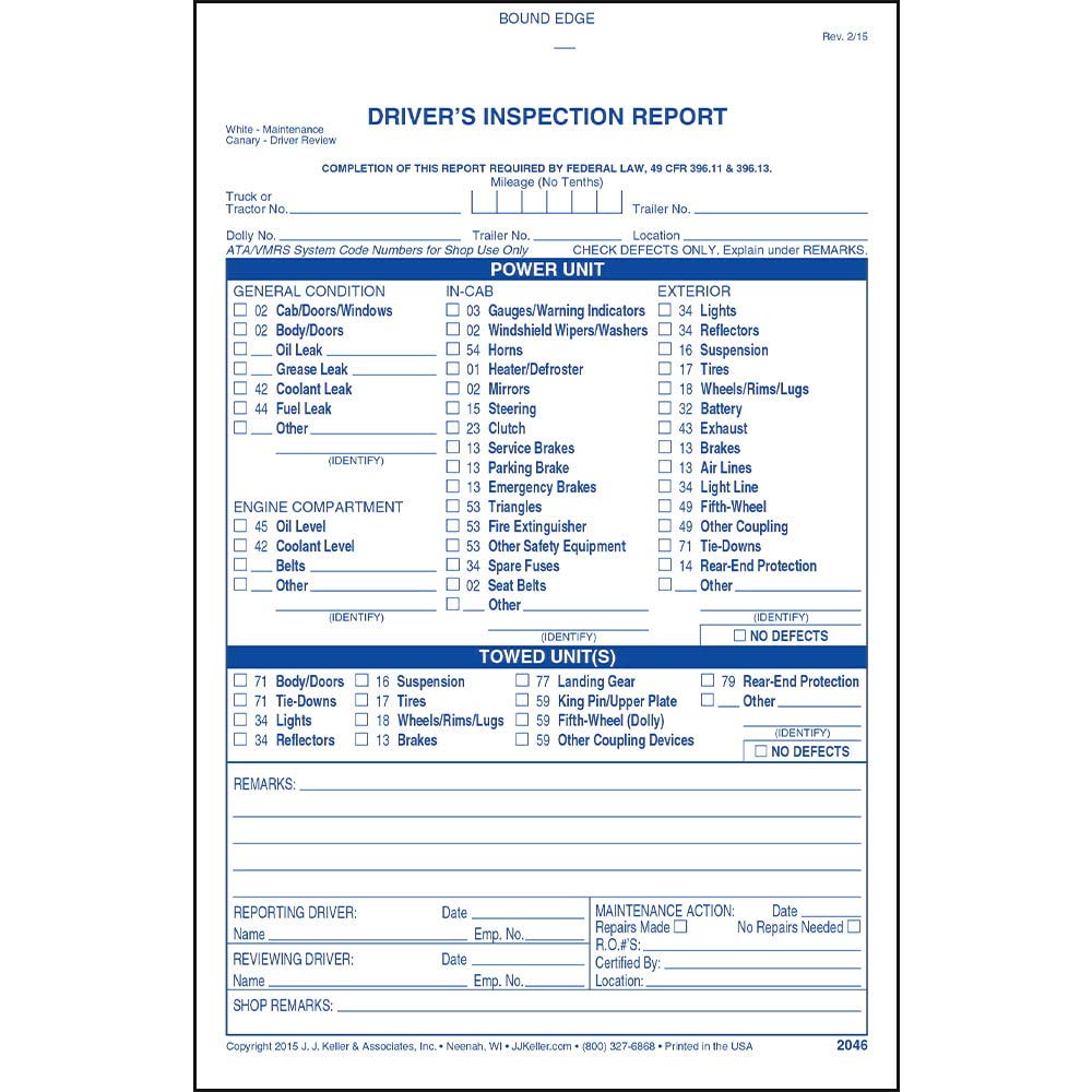 Detailed Driver'S Vehicle Inspection Report 4-Pk. - Book Format, 2-Ply Carbonless, Blue Ink, 5.5' X 8.5' - 31 Sets Of Forms Pe
