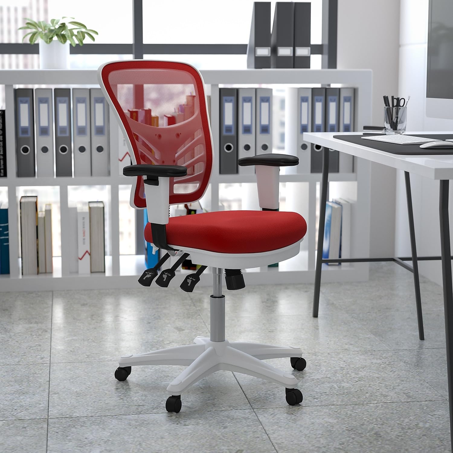 Flash Furniture Nicholas Mid-Back Red Mesh Multifunction Executive Swivel Ergonomic Office Chair With Adjustable Arms And White Frame