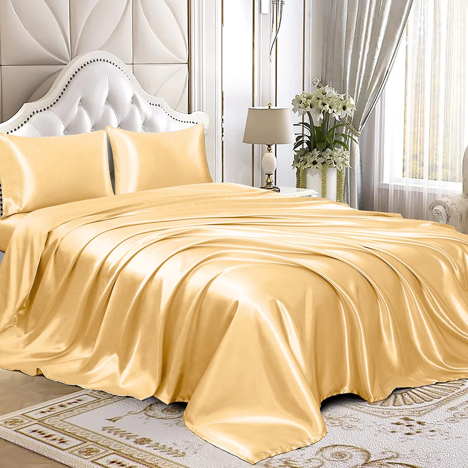 Homiest 3Pcs Satin Sheets Set Luxury Silky Satin Bedding Set With Deep Pocket, 1 Fitted Sheet + 1 Flat Sheet + 1 Pillowcase (Twin Xl Size, Gold)