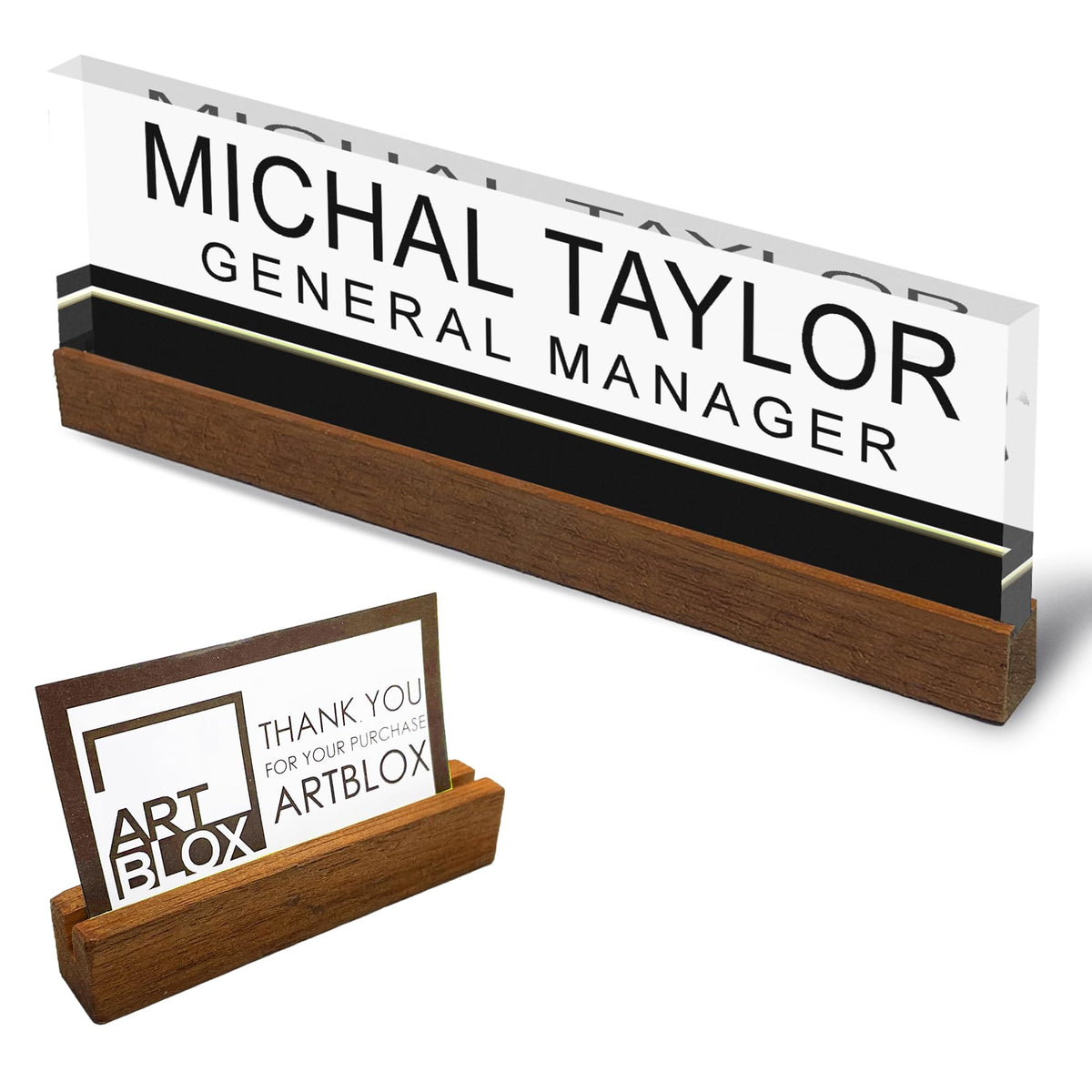 Artblox Personalized Office Desk Name Plate And Business Card Holder | Clear Acrylic Glass With Teak Wood Stand | Black Stripe D