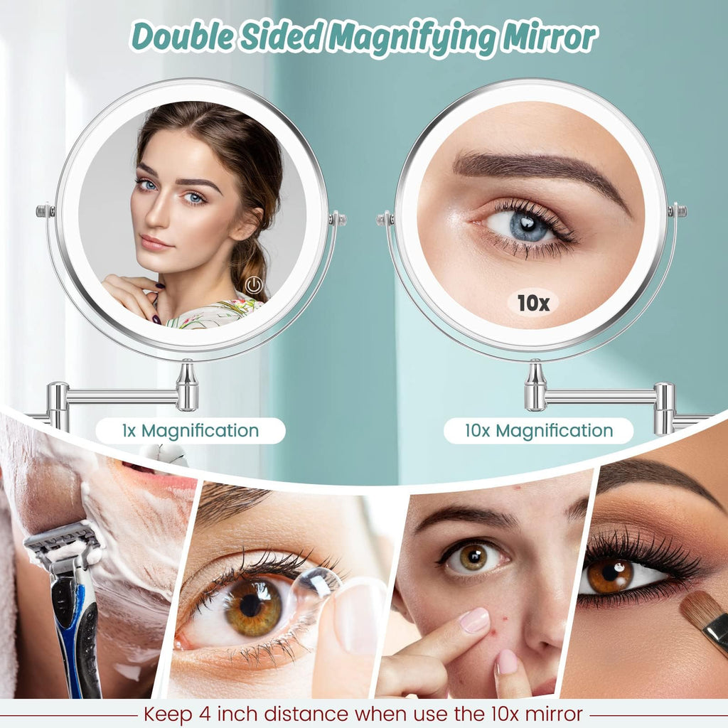 Rechargeable Wall Mounted Lighted Makeup Mirror 8 Inch Double Sides 1X/10X Magnifying Led Makeup Mirror 3 Color Light Touch Scre