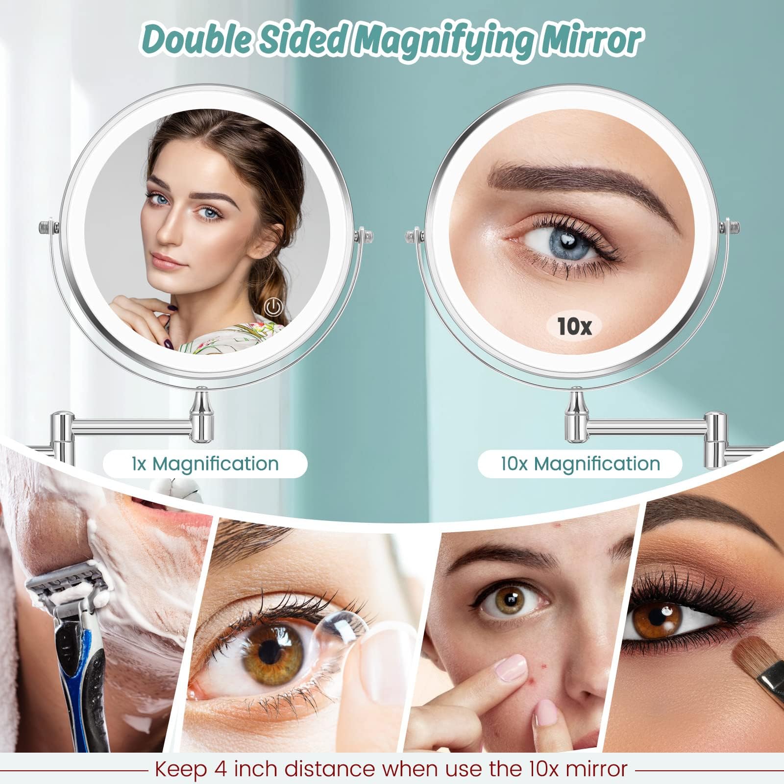 Rechargeable Wall Mounted Lighted Makeup Mirror 8 Inch Double Sides 1X/10X Magnifying Led Makeup Mirror 3 Color Light Touch Scre