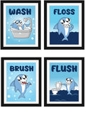 Modern 5th Kids Bathroom Signs Cute Shark Wall Art Prints (Set of 4 Unframed - 8 X 10 Inches), Teens, Boys and Girls Funny Bathr