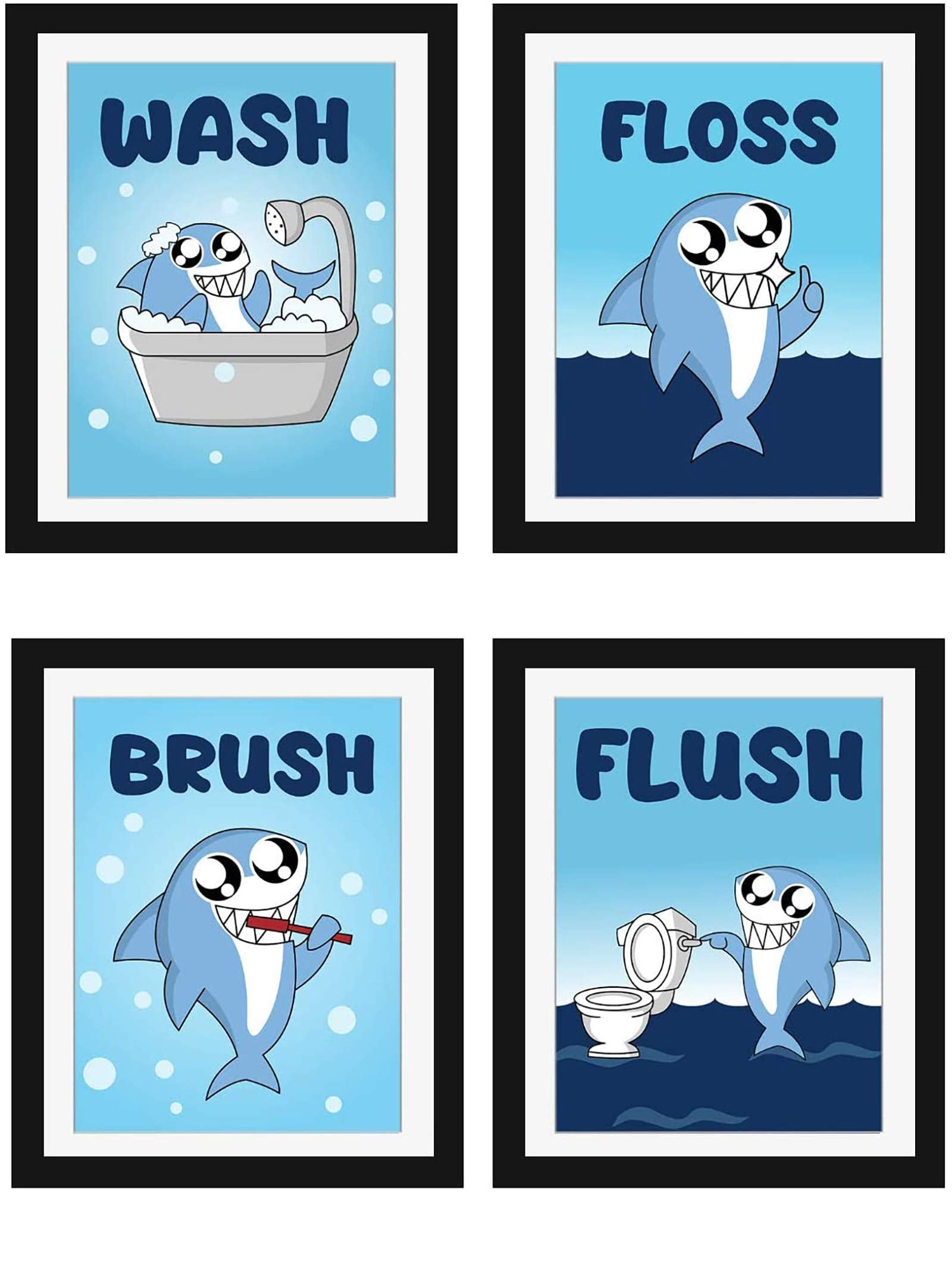 Modern 5th Kids Bathroom Signs Cute Shark Wall Art Prints (Set of 4 Unframed - 8 X 10 Inches), Teens, Boys and Girls Funny Bathr