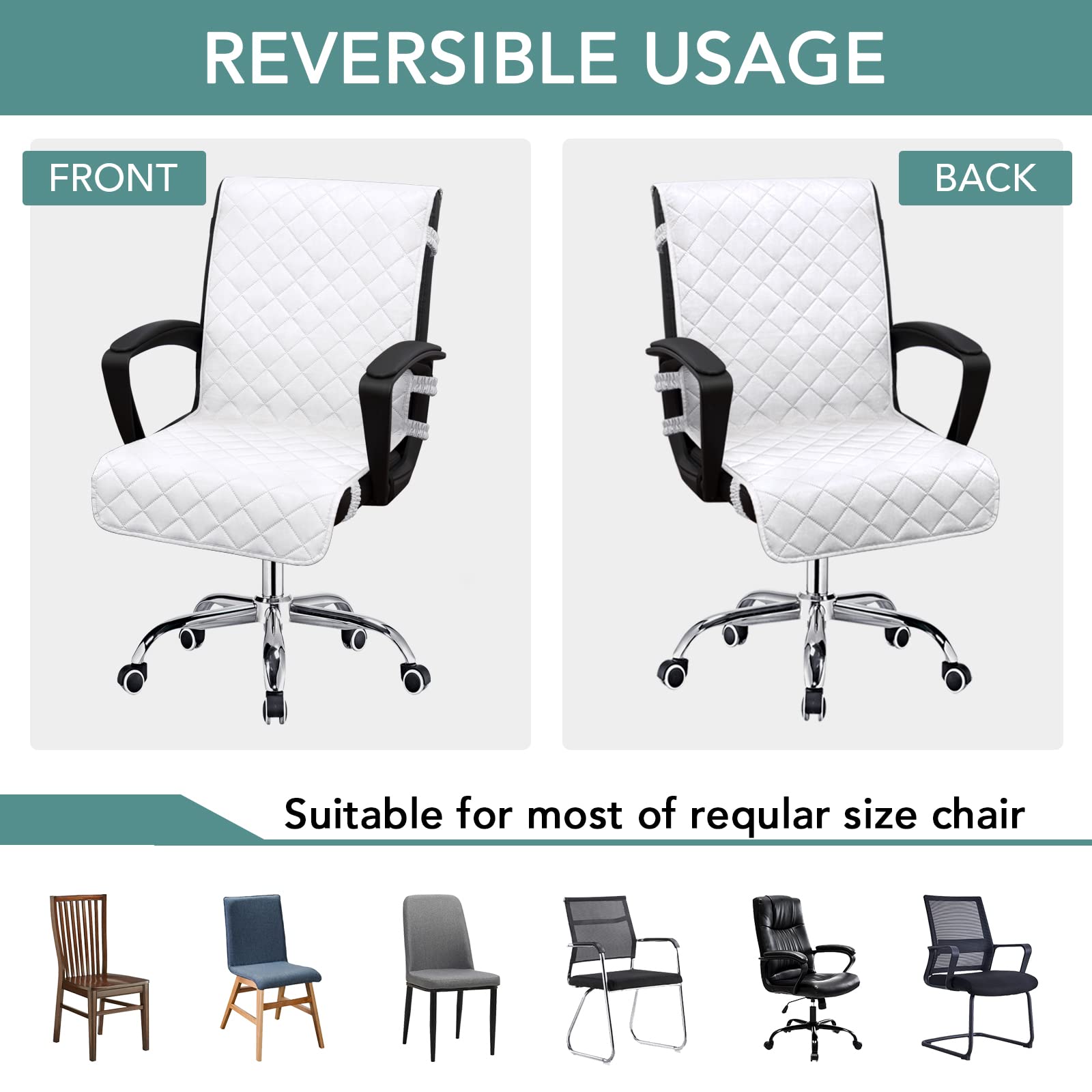 Easy-Going Reversible Office Chair Cover Water Resistant Dining Chair Cover Soft Desk Computer Chair Slipcover With Anti-Slip Buckle For Armchair Or Armless Chair (Medium, White/White)