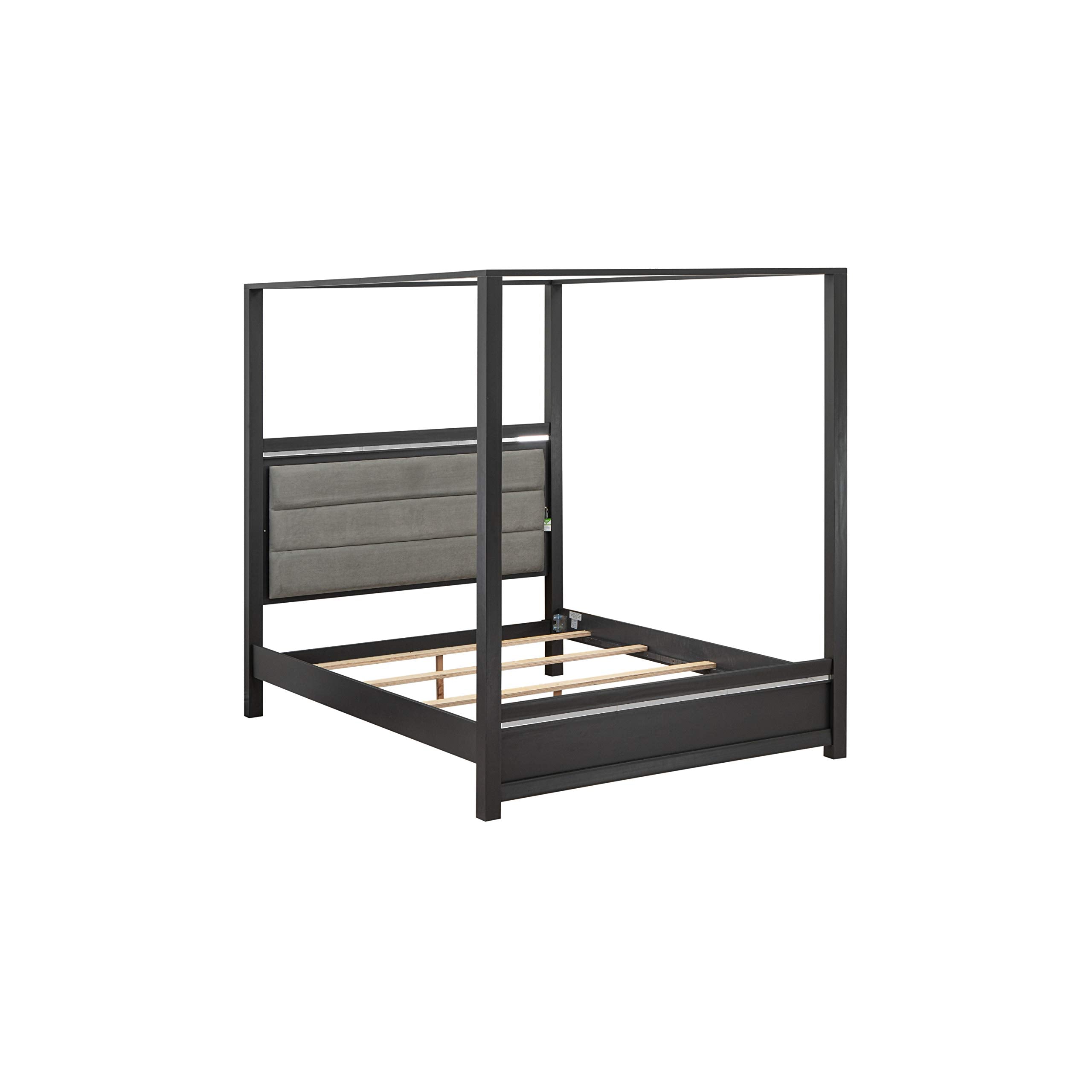 East West Furniture 2-Piece Denali Modern Wooden Bedroom Set-Adjustable LED Lighting Headboard Queen Size Bed and a Small Chest of Drawers, Brush Gray