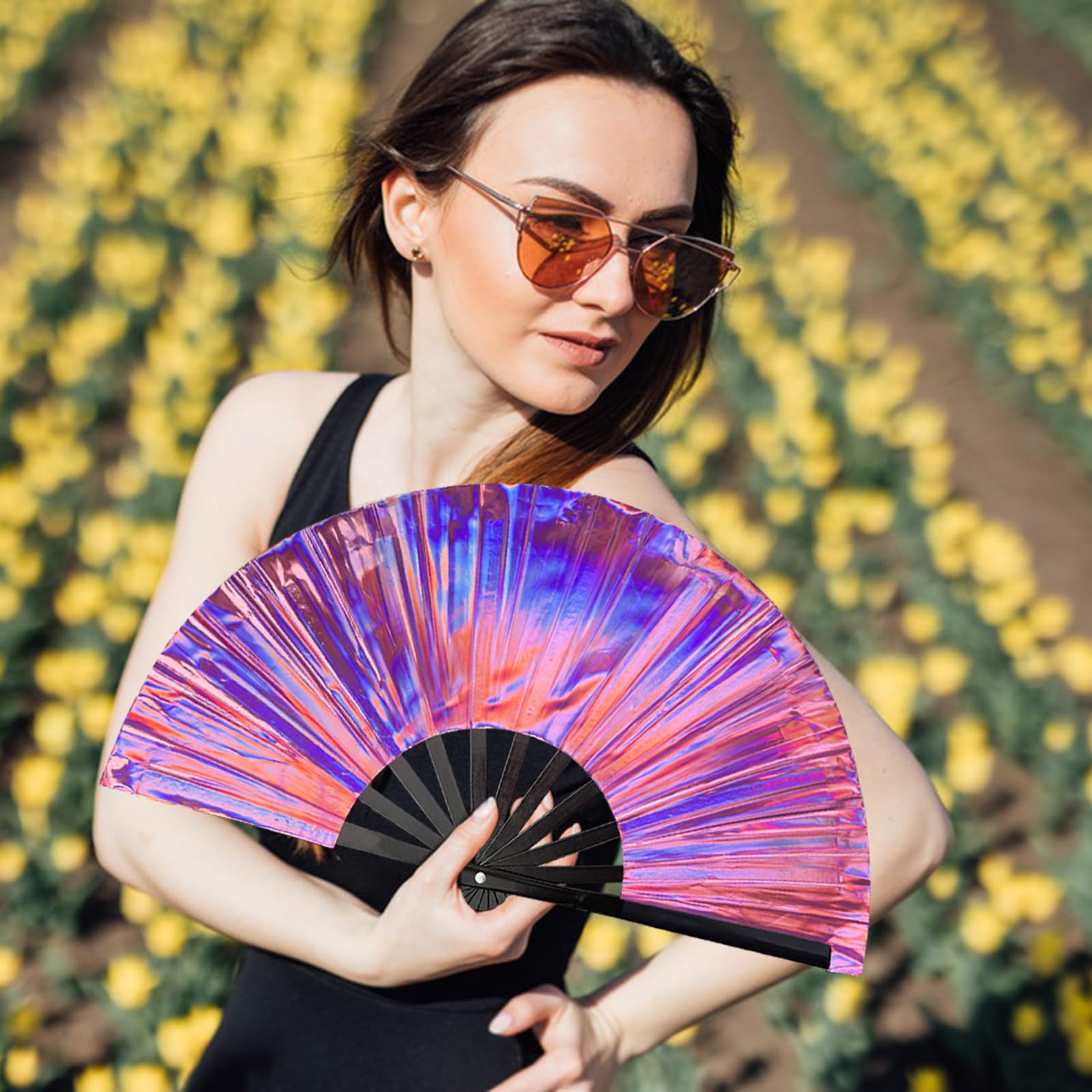 dmjuncong Holographic Purple Folding Hand Rave Fan - 11in, Large Size, High Airflow, Perfect for Festivals and Parties