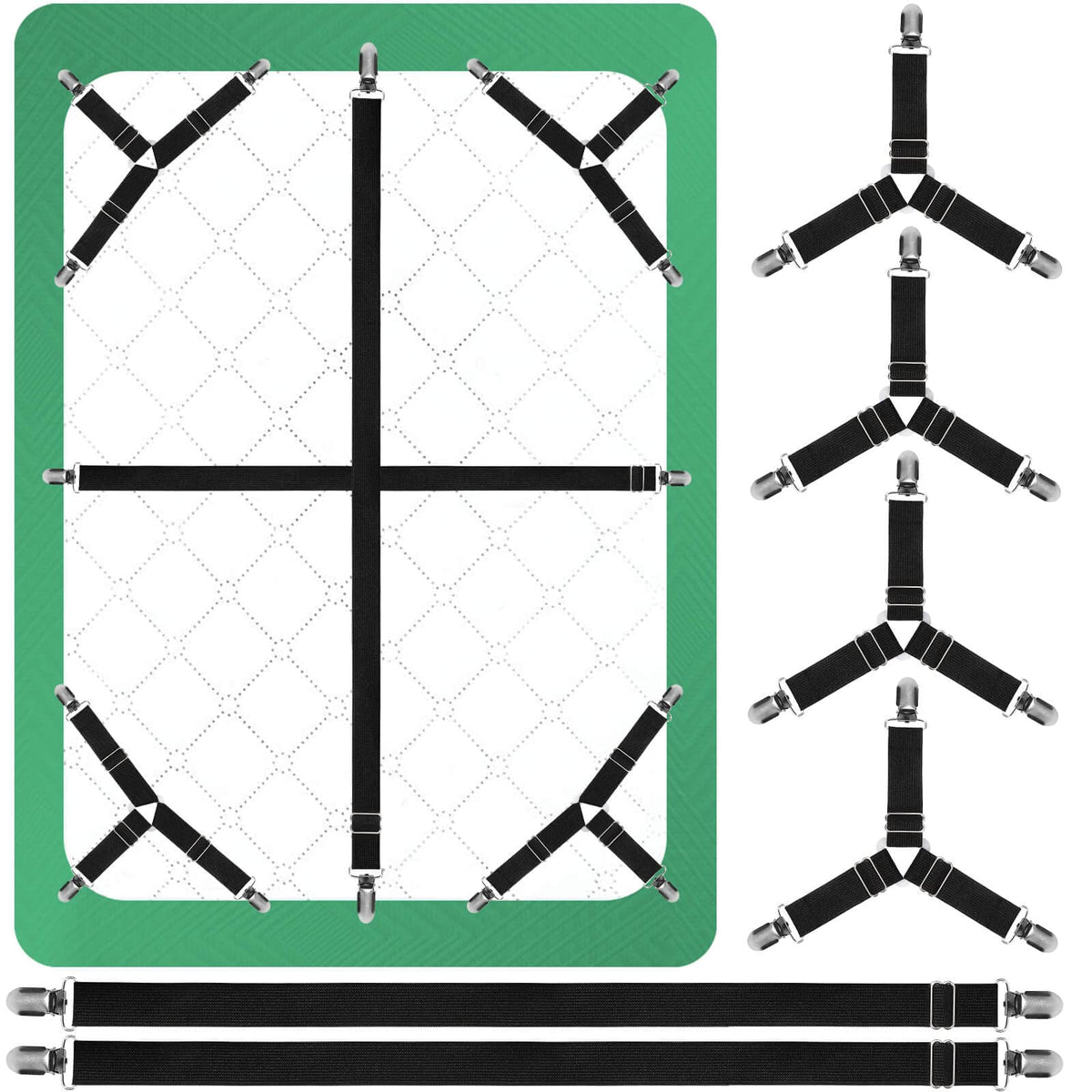 Bed Sheet Holder Straps, 4+2 Set, 2 more Straight Sheet Straps for the Mattress Middle and 4 Triangle Sheet Clips for Corners, A
