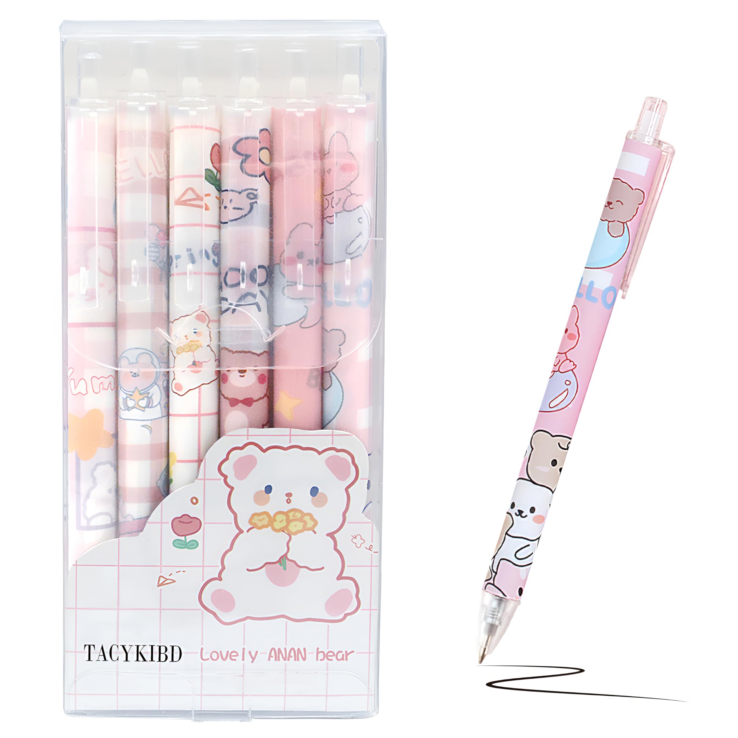 Tacykibd 6Pcs Retractable Cute Pens, Kawaii Cartoon Bear Pens For Journaling, Quick Dry Black Ink Gel Pens, Fine Point Smooth Wr