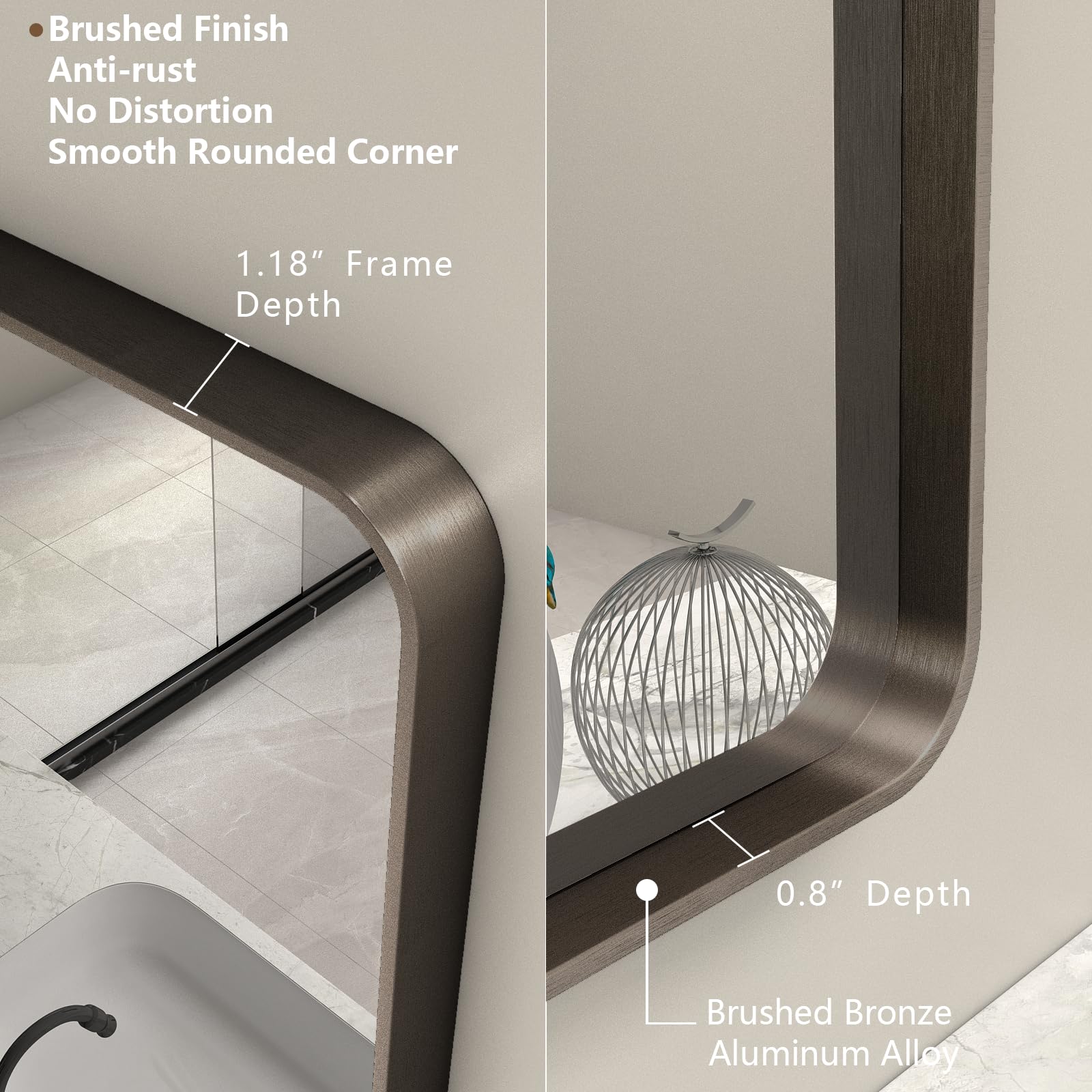 Charmor 60X40 Bronze Bathroom Mirror, Brushed Bronze Metal Frame Mirrors For Wall, Rounded Rectangle Bronze Mirror For Vanity,Fa