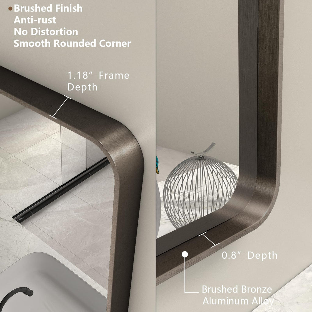 Charmor 60X40 Bronze Bathroom Mirror, Brushed Bronze Metal Frame Mirrors For Wall, Rounded Rectangle Bronze Mirror For Vanity,Fa