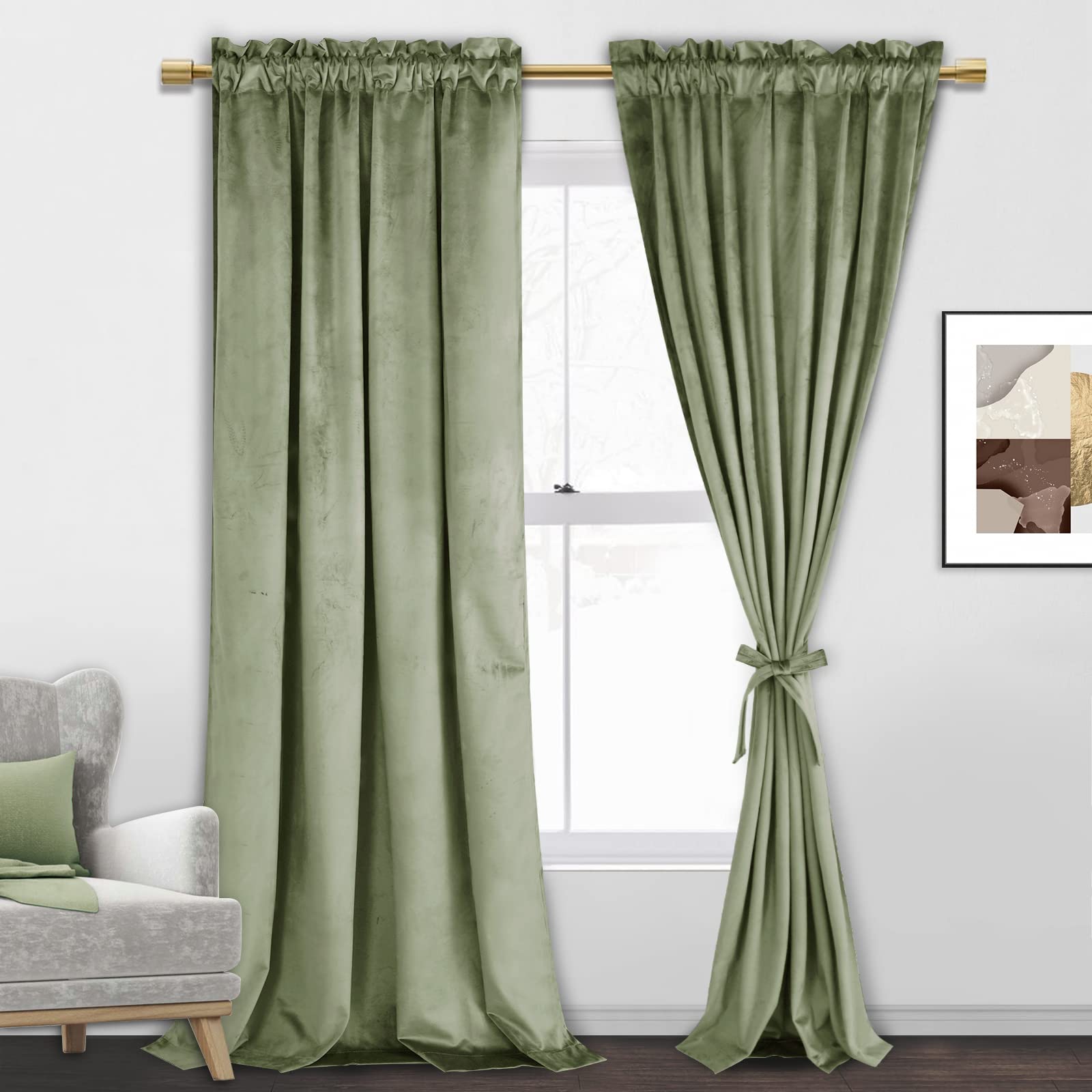 Jiuzhen Velvet Curtains 96 Inches - Sage Green Room Darkening Privacy Rod Pocket Window Curtains For Bedroom Living Bedroom Pati
