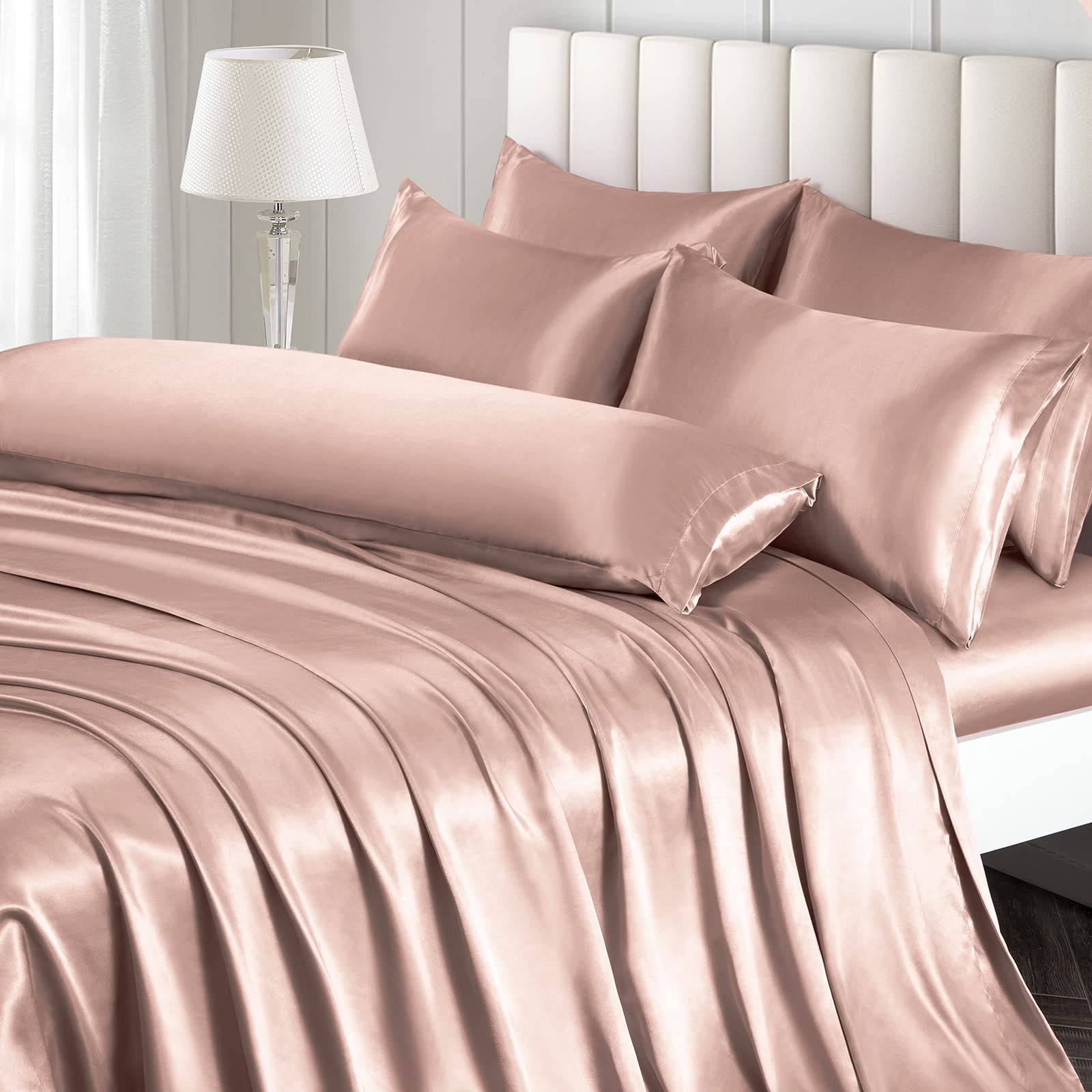 Ersmak 7 Pieces Satin Sheets Set California King Size, Luxury Silky Champagne Satin Bed Sheets Set with 1 Deep Pocket Fitted She