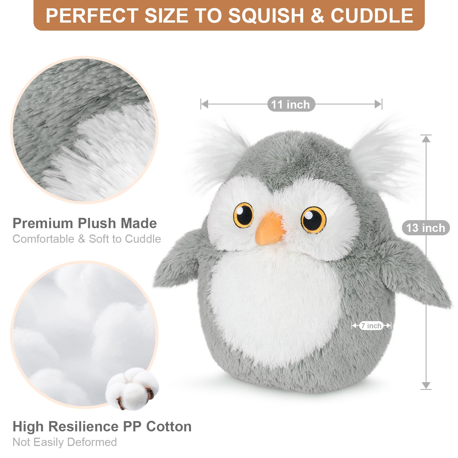 Suzzipals 13 Inch Owl Plush Pillows, Cute Stuffed Animals Plush Toys, Plushies Owl Pillow For Hug, Owl Soft Toys Kawaii Decor Fo