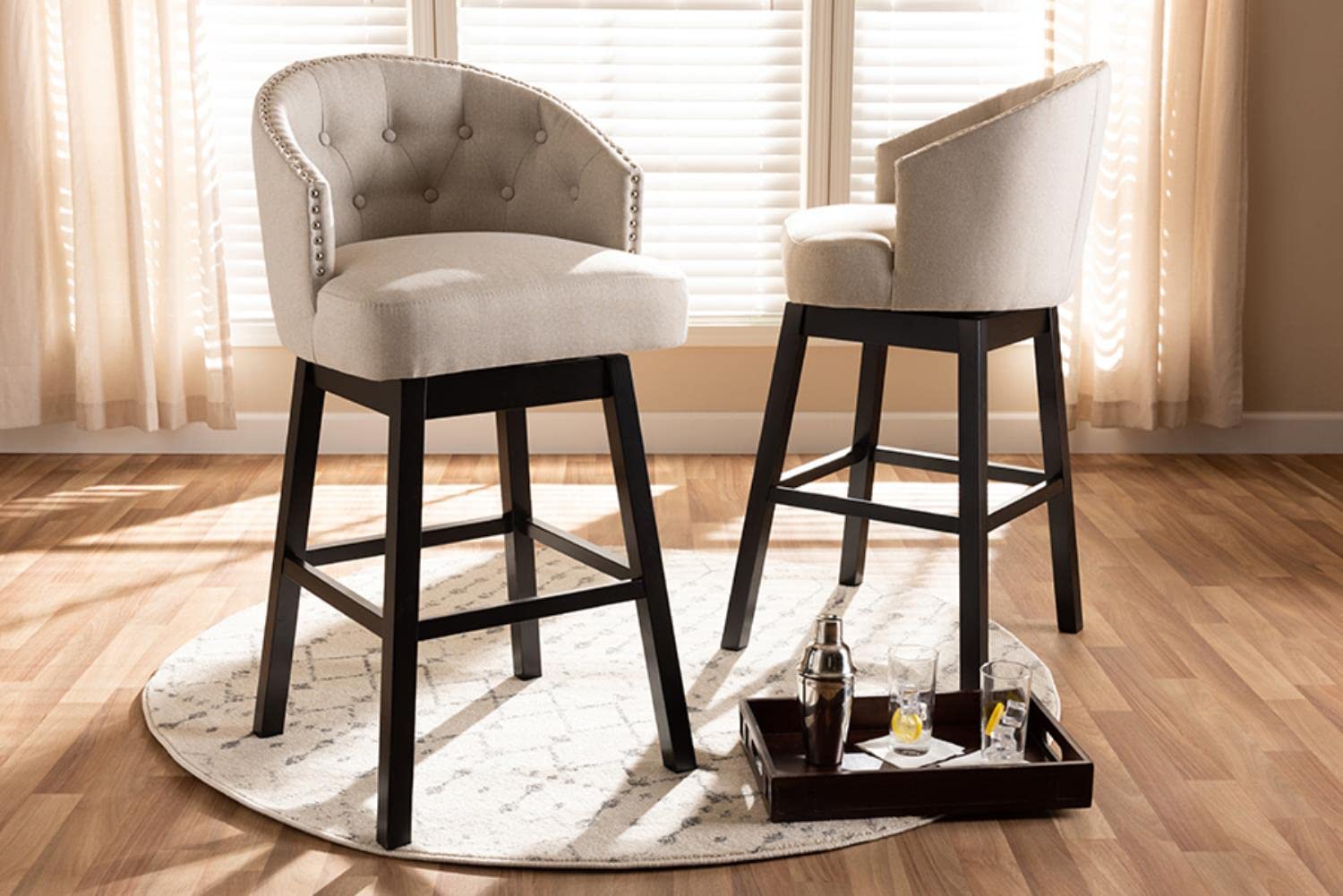 Baxton Studio Theron Transitional Light Beige Fabric Upholstered Wood Swivel Bar Stool Set of 2