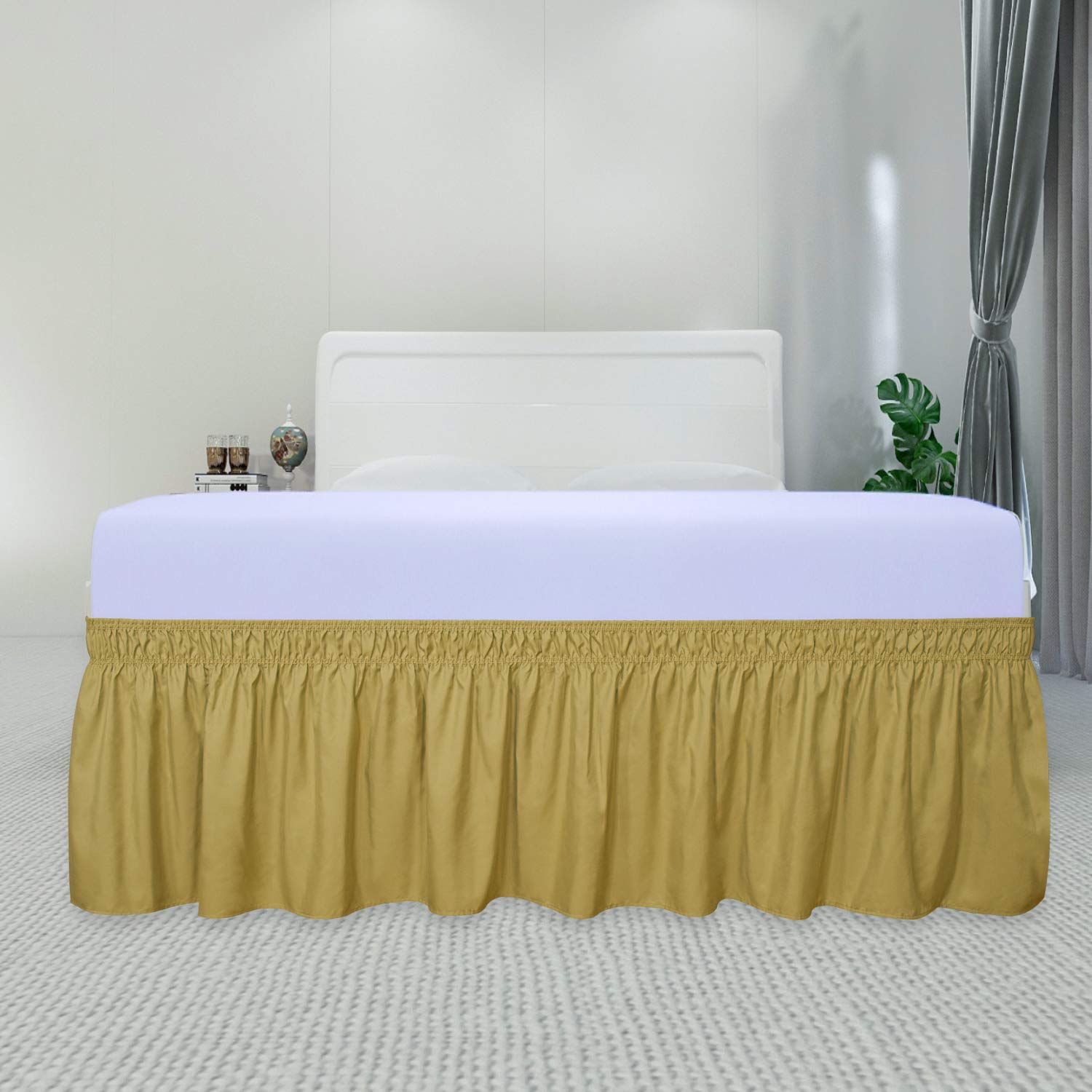 Purefit Wrap Around Ruffled Bed Skirt With Adjustable Elastic Belt - 18 Inch Drop Easy To Put On, Wrinkle Free Bedskirt Dust Ruffles, Bed Frame Cover For Twin,Twin Xl And Full Size Beds, Gold
