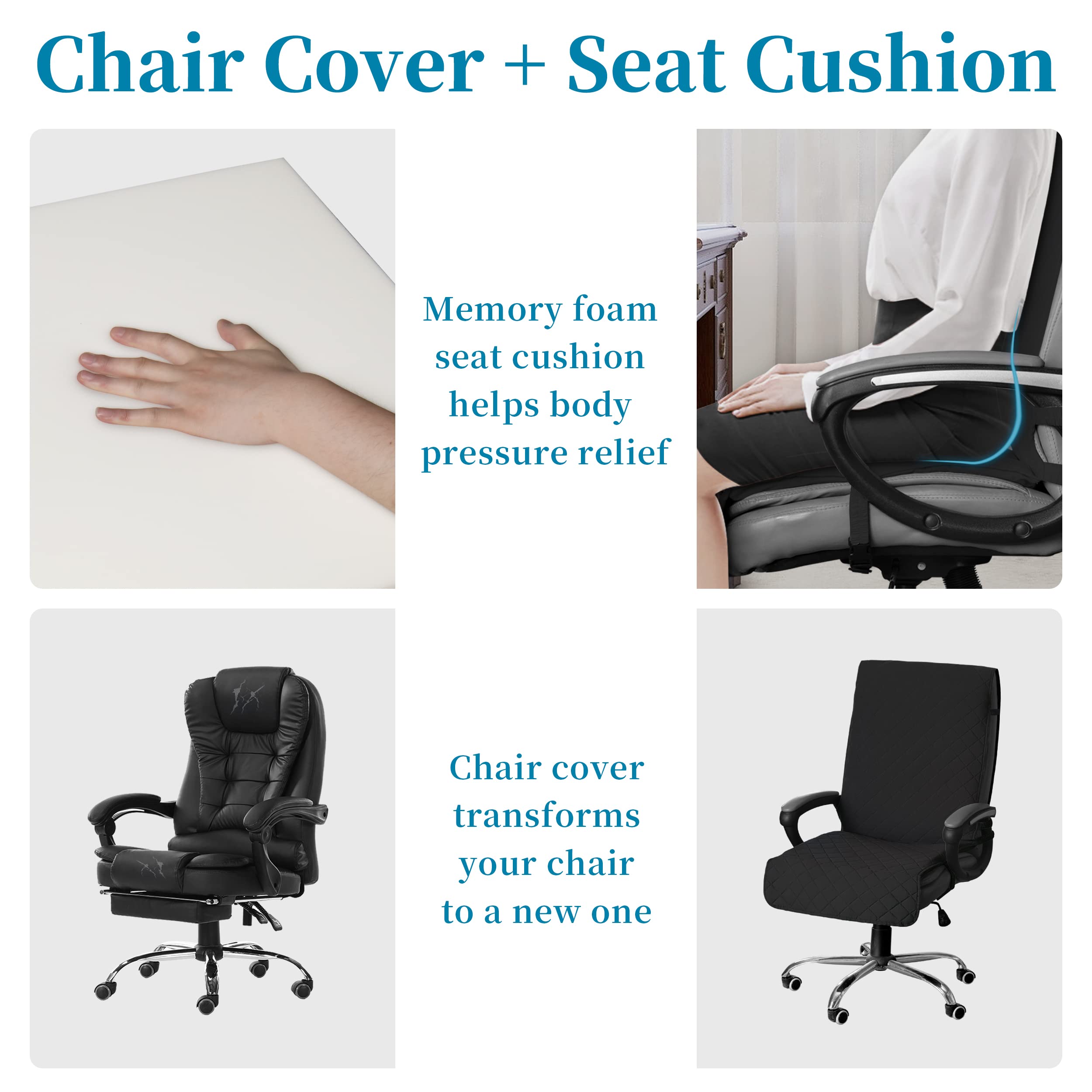 Easy-Going Quilted Microfiber Office Chair Cover With Soft Memory Foam Seat Cushion Water Resistant Desk Computer Chair Slipcover Anti-Slip Chair Protector (Medium, Black)