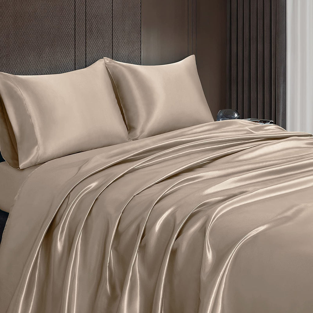 Homiest 4Pcs Satin Sheets Set Luxury Silky Satin Bedding Set With Deep Pocket, 1 Fitted Sheet + 1 Flat Sheet + 2 Pillowcases (Full Size, Taupe)
