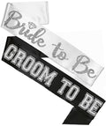 Engagement Gifts For The Bride And Groom - Set Of 2: Silver Diamond Bride To Be White Satin Sash & Silver Groom To Be Black Sati