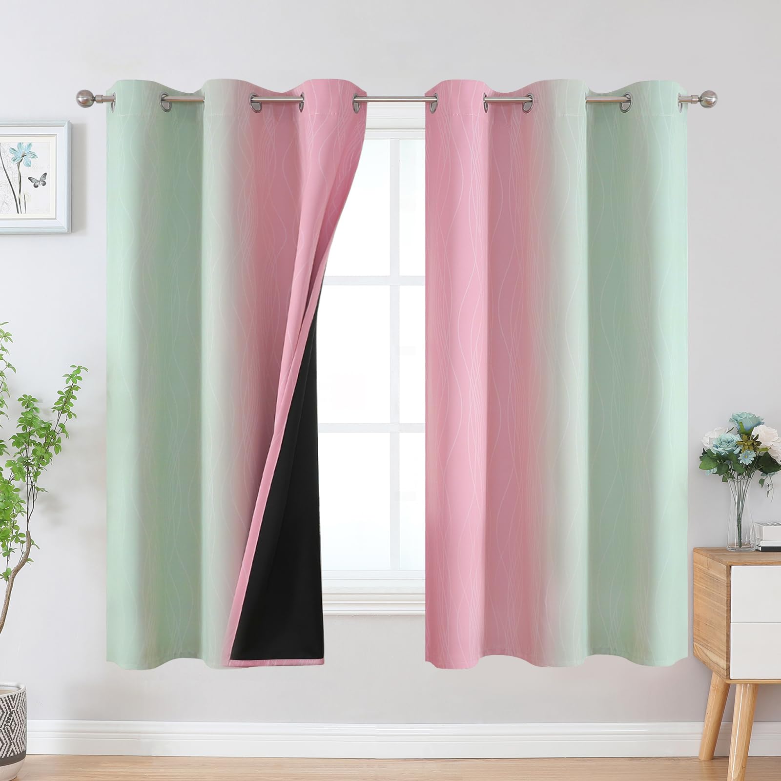Estelar Textiler Pink And Sage Green Blackout Curtains & Drapes For Bedroom, Thermal Insulated Ombre Blackout Drapes, Room Darke