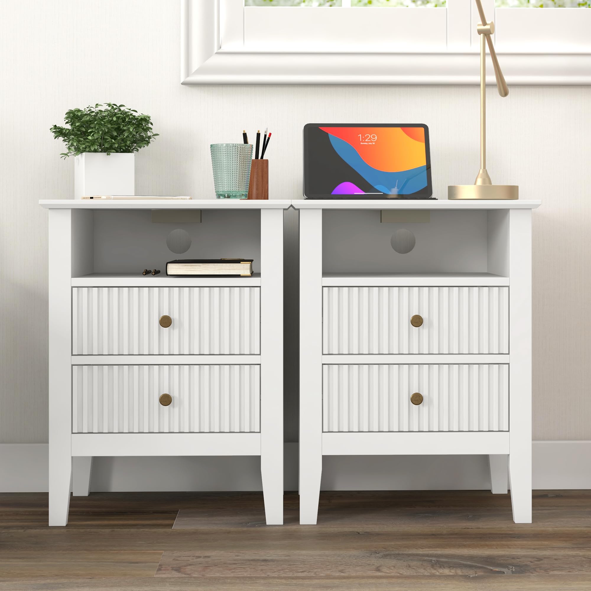 RoyalCraft Fluted Nightstand Set of 2 with Charging Station, White End Table with 2 Silent Slide Drawers & Storage Shelf, Modern
