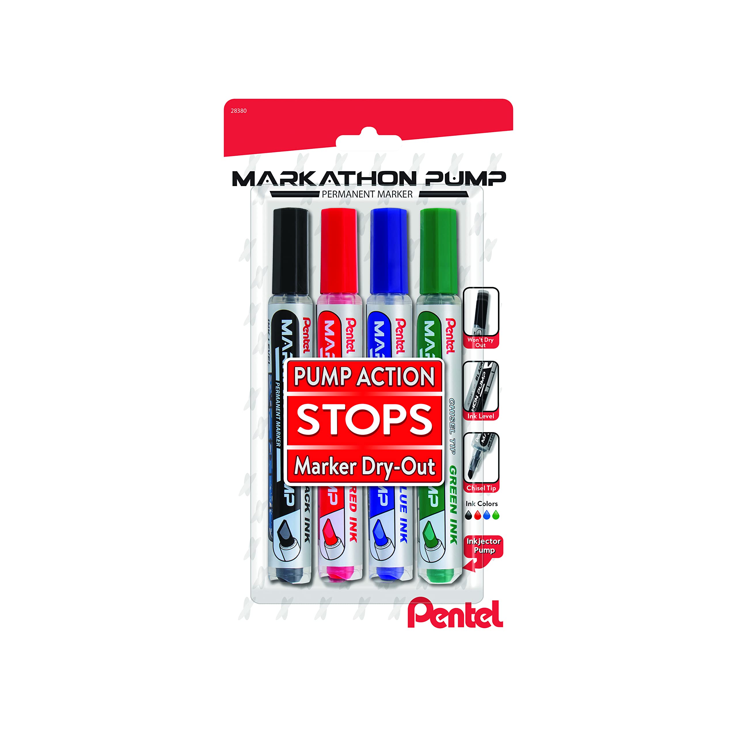 Pentel Markathon Pump Permanent Marker, Chisel Tip, Assorted Colors, 4 Pack (Nlf60Xbp4M)