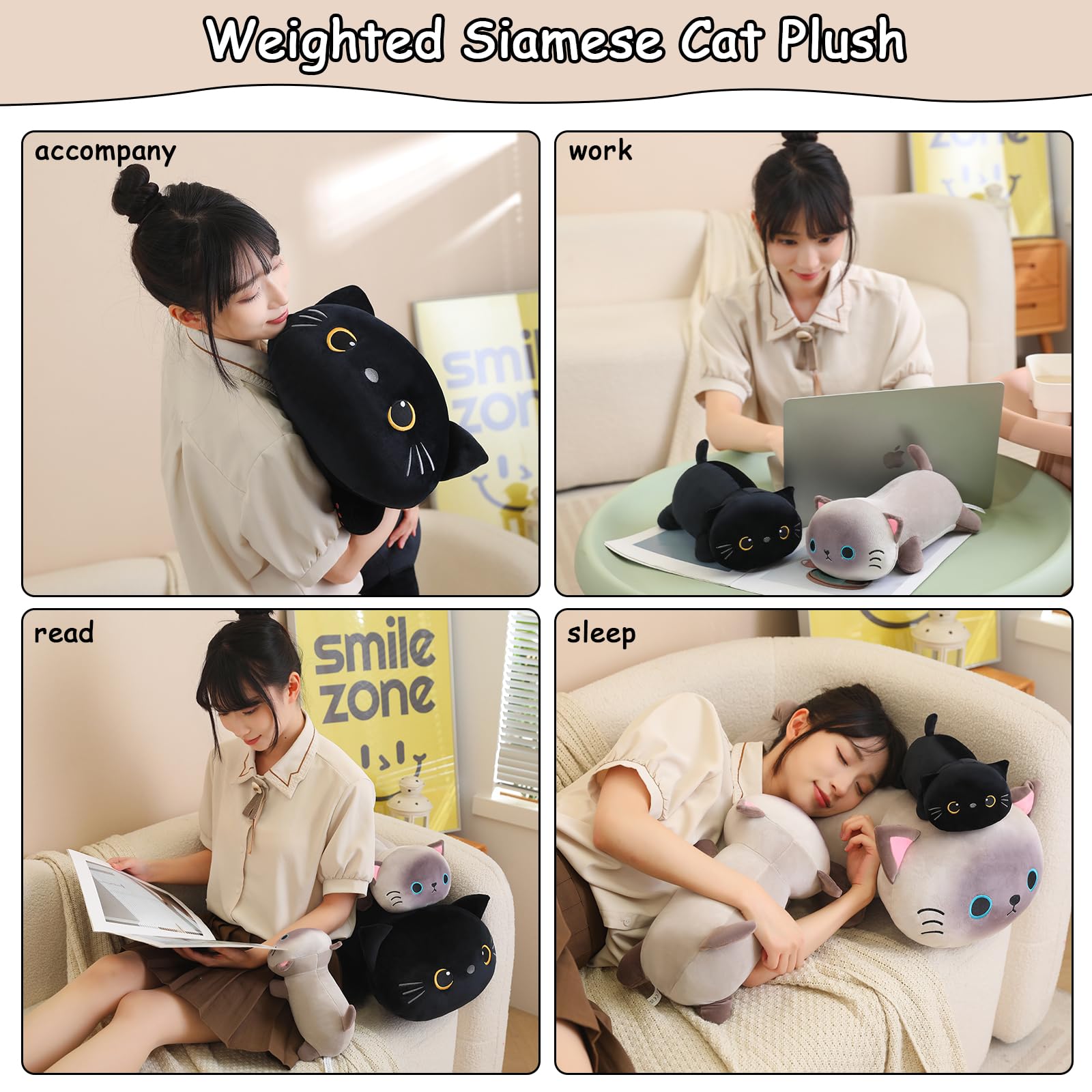 Sqeqe Weighted Black Cat Plush, Weighted Black Cat Stuffed Animal For Anxiety, Cute Black Cat Plushies Soft Black Cat Pillow Toy