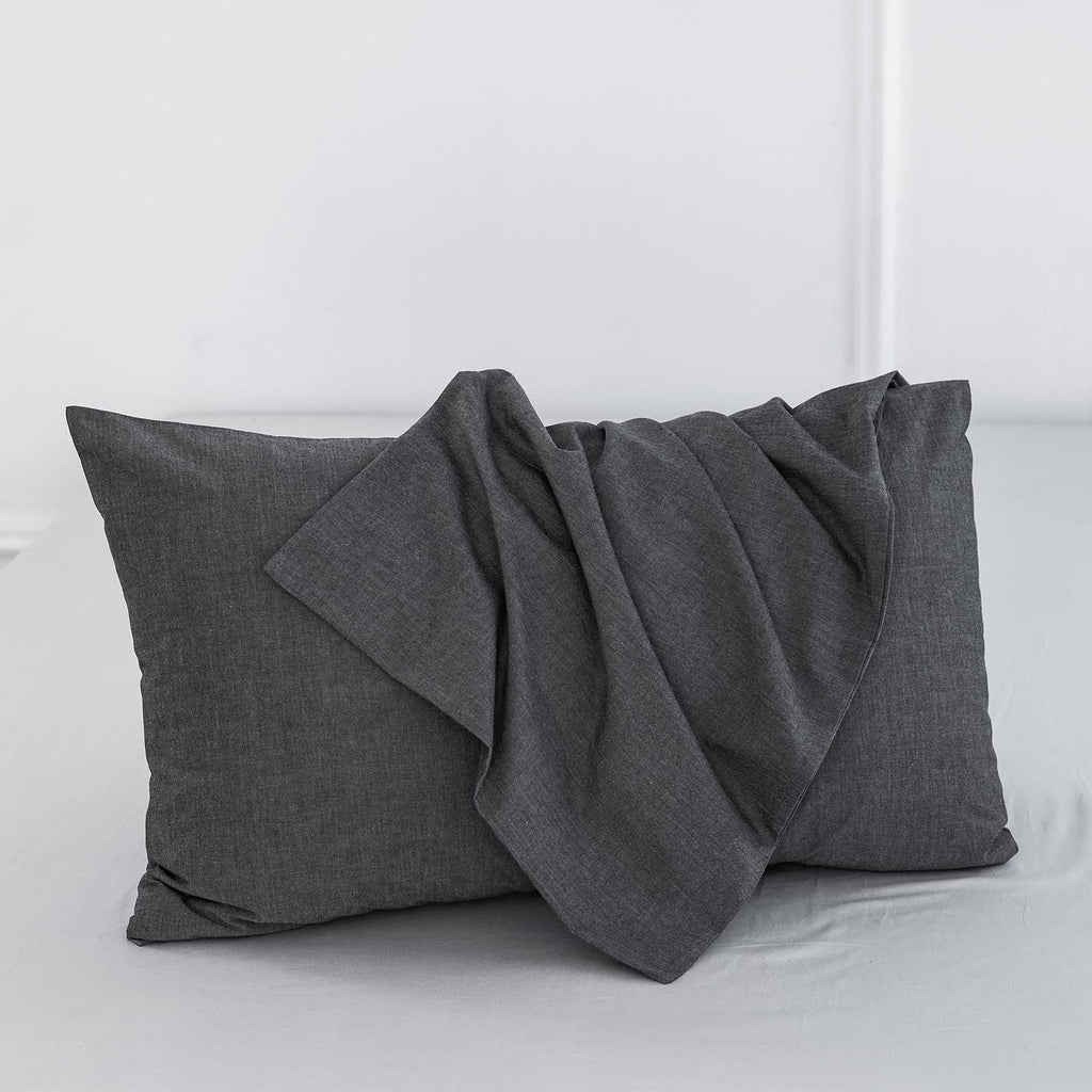 Moomee Bedding Pillowcases Pack Of 2 100% Washed Cotton Linen Like Textured Breathable Durable Soft Comfy (Dark Grey, King)