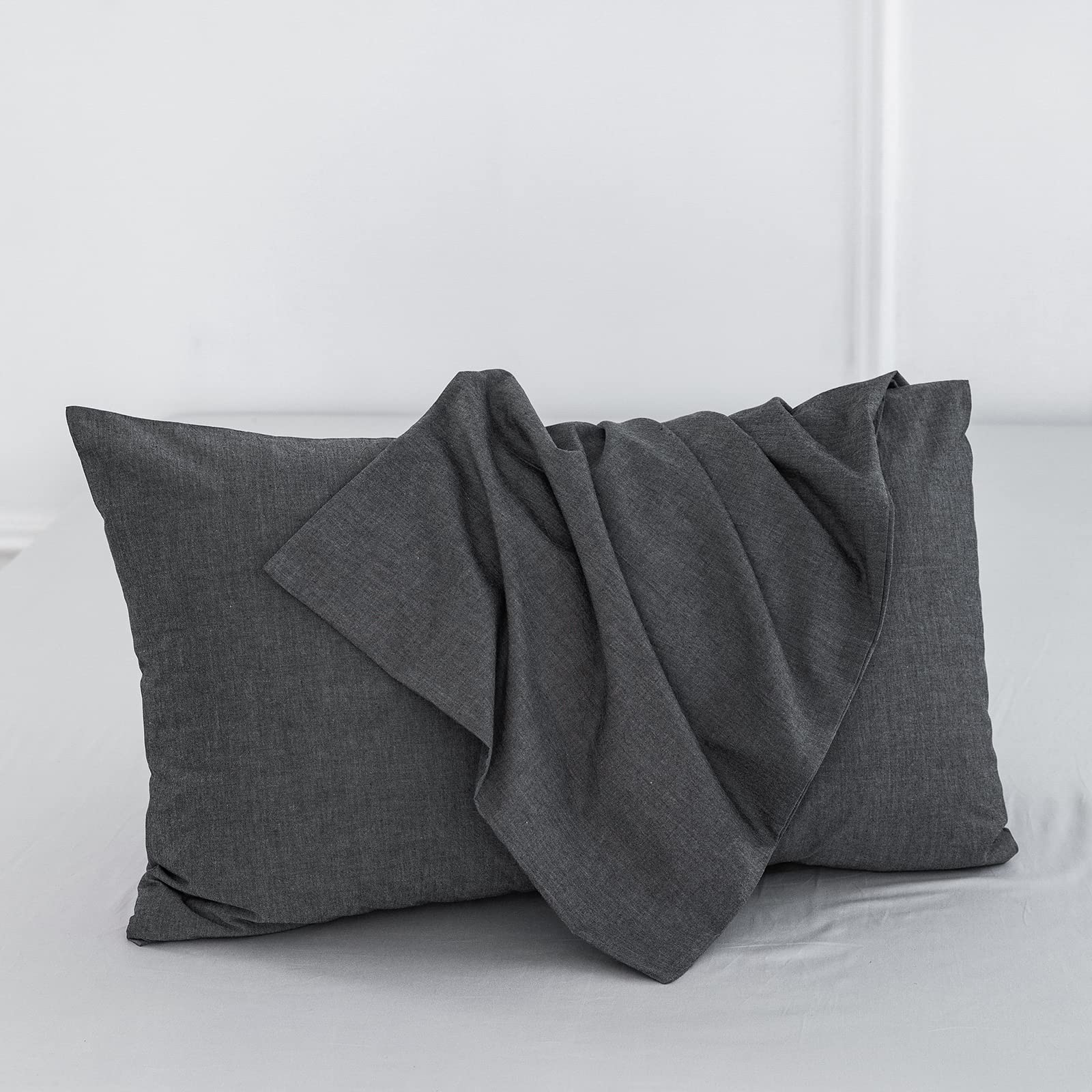 Moomee Bedding Pillowcases Pack Of 2 100% Washed Cotton Linen Like Textured Breathable Durable Soft Comfy (Dark Grey, King)