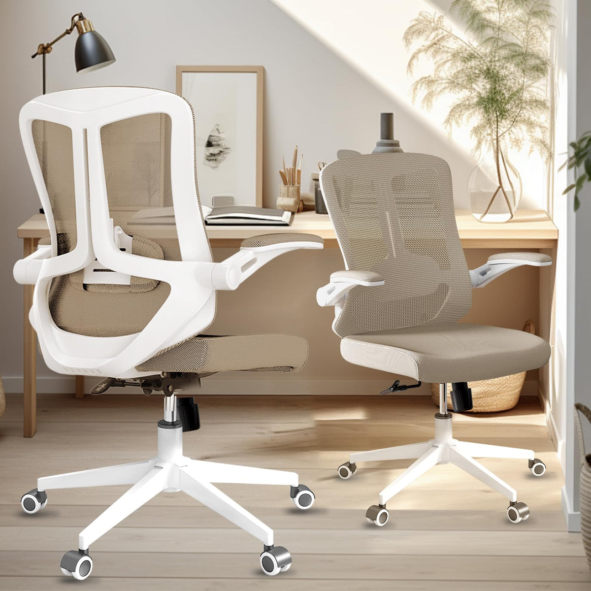 Home Office Chair, Ergonomic High Back Comfy Desk Chairs Adjustable Headrest And Flip-Up Armrest Lumbar, Swivel Tilt Function Backrest Computer Chair,Pu Rolling Wheels Capacity 350Lbs (Khaki)