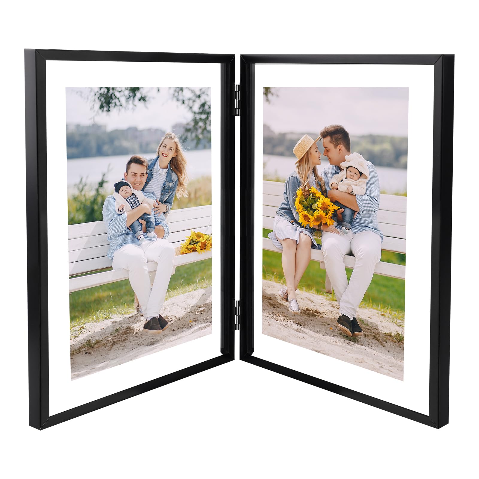 Golden State Art, Black 8x10 Hinged Double Frame - Floating Frame for 6 x 8 or Smaller Photos - Metal Frame and Real Glass, Eleg