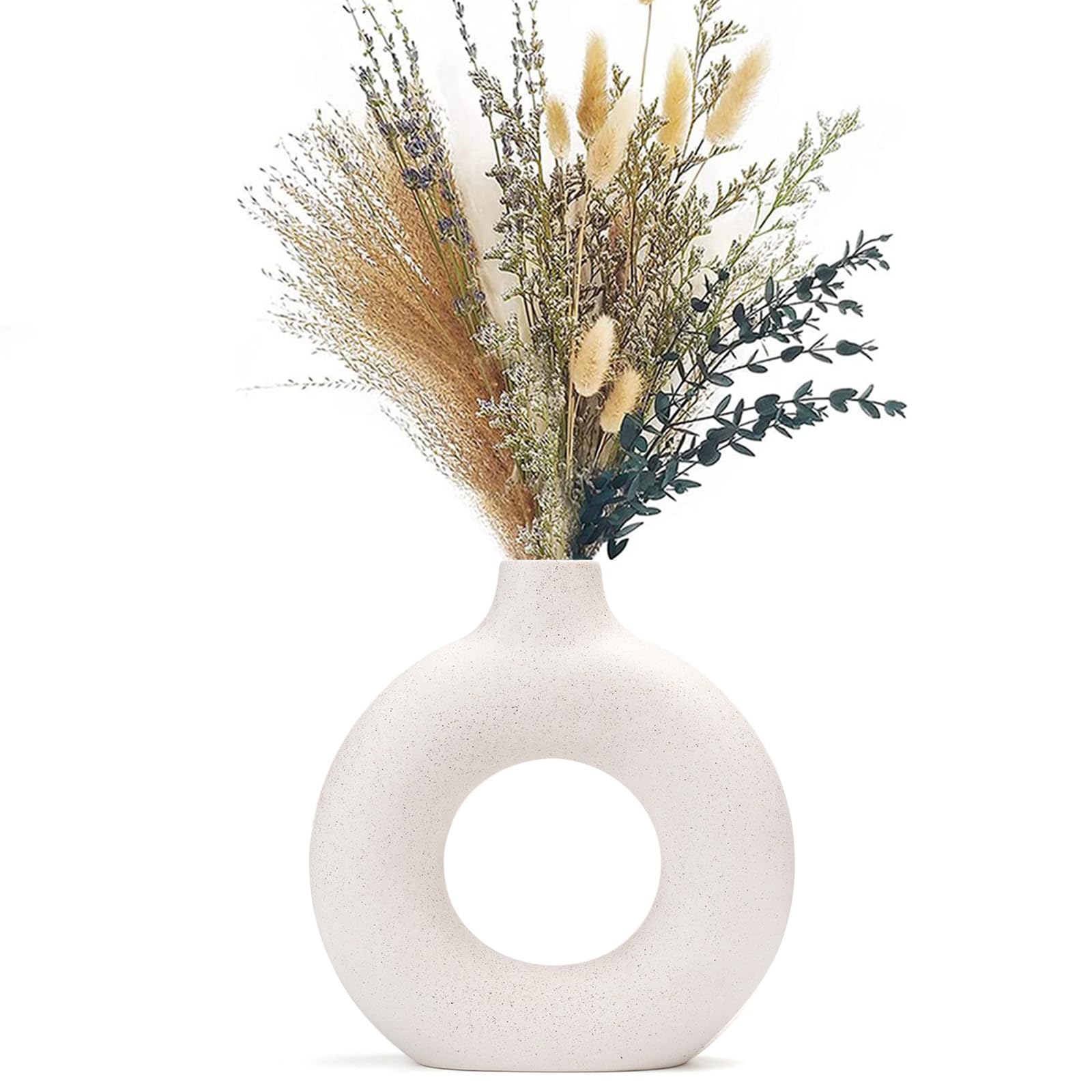 CEMABT White Donut Vase Hollow Ceramic Vase for Flowers Handmade Minimalist Boho ins Style Modern Home Decor for Wedding Dinner 