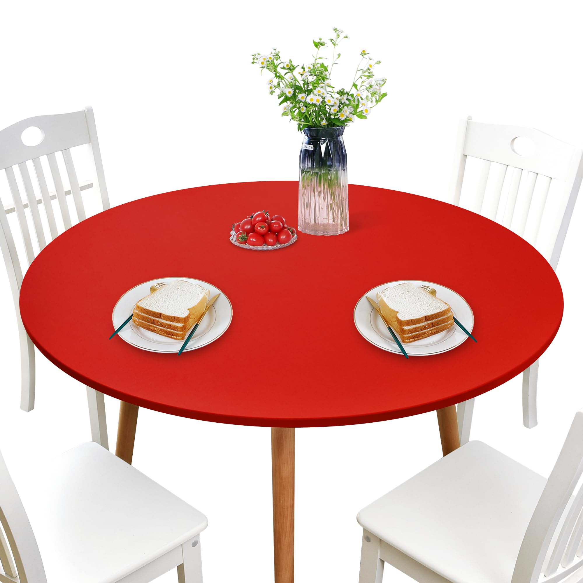 Newisher Round Fitted Table Cover Spandex Stretch Tablecloth Red Table Top Cover With Elastic Edged For Dining Picnic Patio 60 I