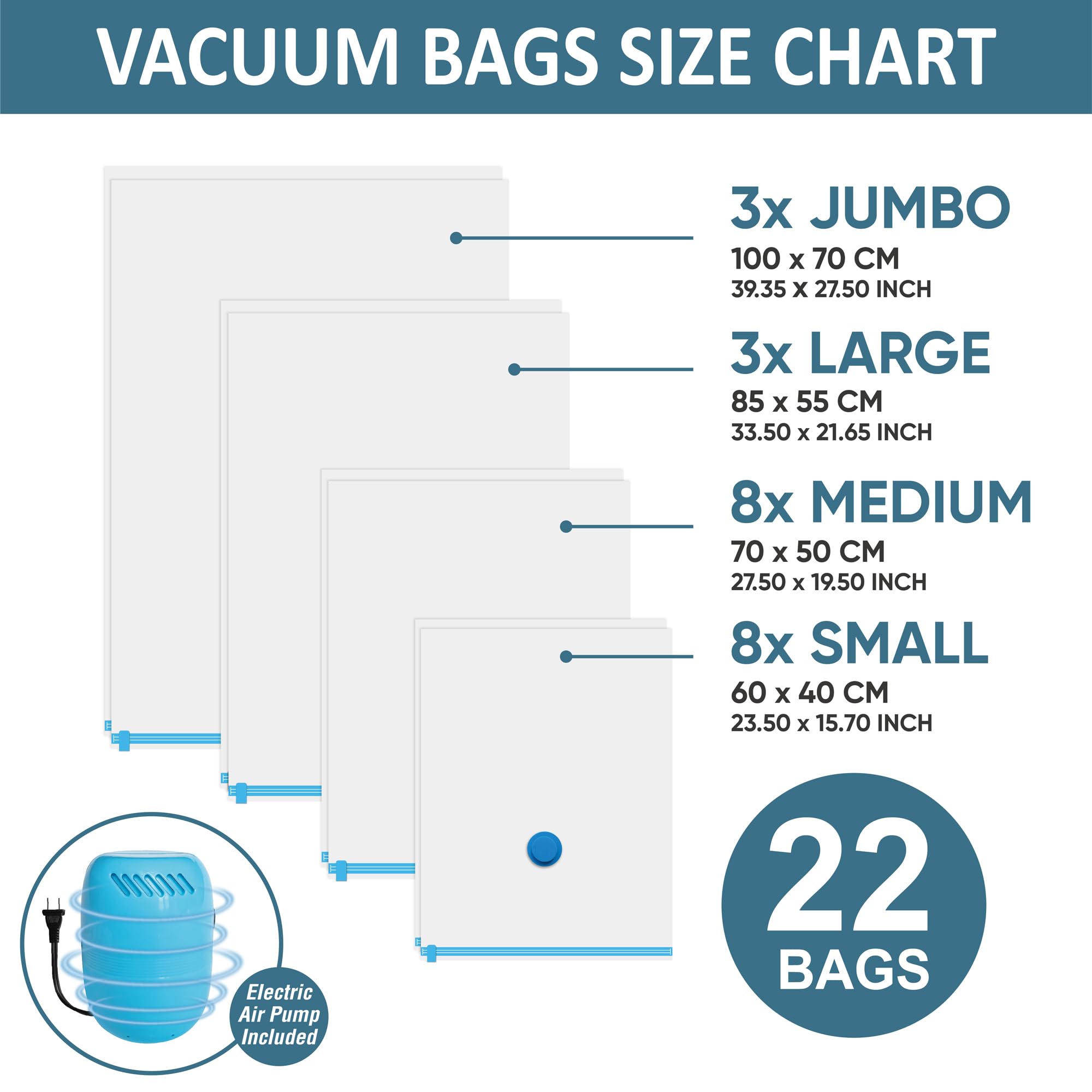 22 Vacuum Storage Bags With Electric Pump, Vacuum Sealed Storage Bags (3Jumbo/3Large/8Medium/8Small), Space Saver Vacuum Seal Ba