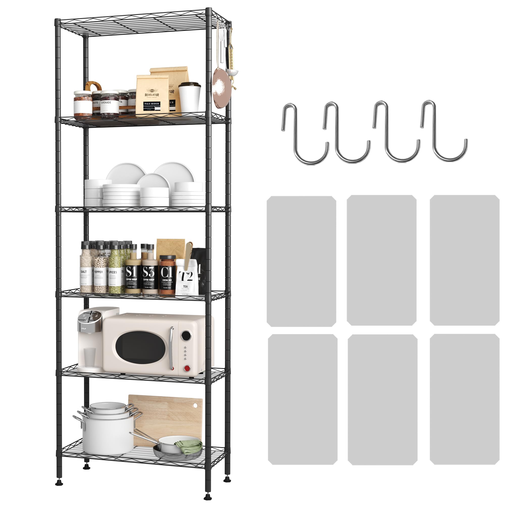 Homefort 6-Shelving Unit, Adjustable Wire Shelving, Metal Wire Shelf With Shelf Liners And Hooks For Kitchen, Closet, Bathroom, Laundry, Black,21' W X 11' D X 69' H