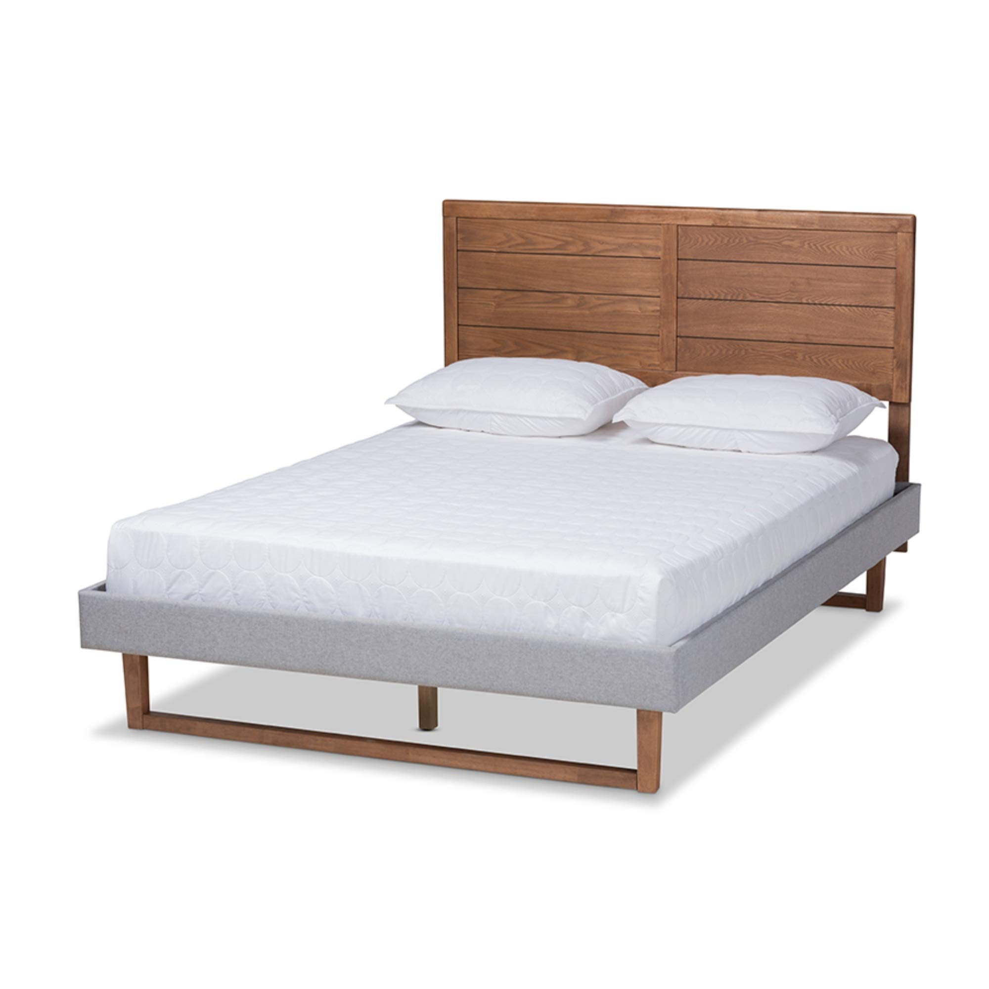 Baxton Studio Claudia Rustic Modern Light Grey Fabric Upholstered and Walnut Brown Finished Wood King Size Platform Bed