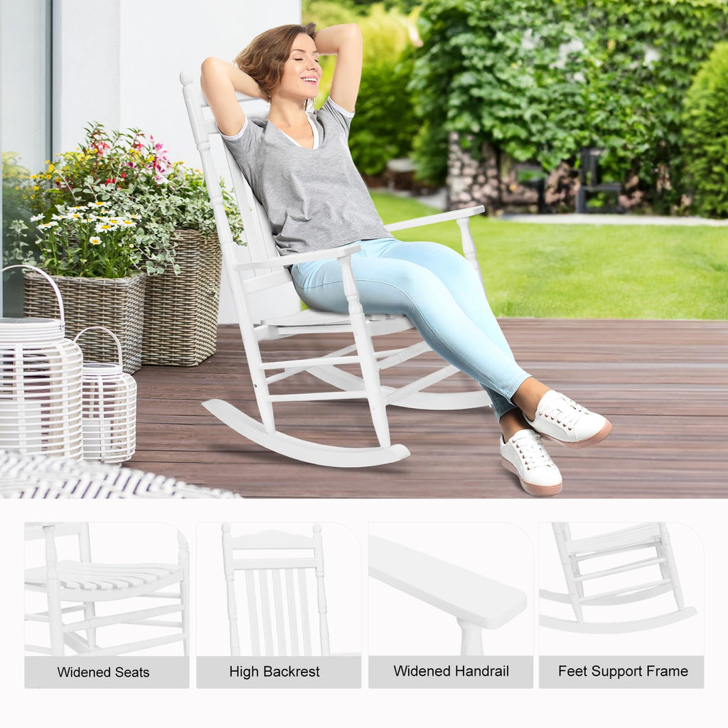Vingli Wood Rocking Chair Outdoor With 450 Lbs Support Relaxing Rocker Solid Wood High Back Seat Reclining Seat For Deck, Garden, Backyard, Porch, Indoor Or Outdoor Use, White