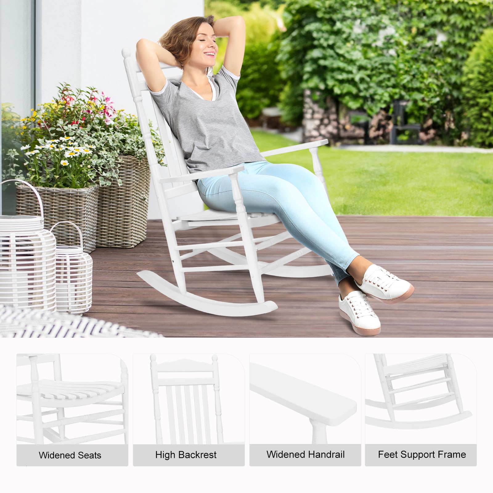 Vingli Wood Rocking Chair Outdoor With 450 Lbs Support Relaxing Rocker Solid Wood High Back Seat Reclining Seat For Deck, Garden, Backyard, Porch, Indoor Or Outdoor Use, White