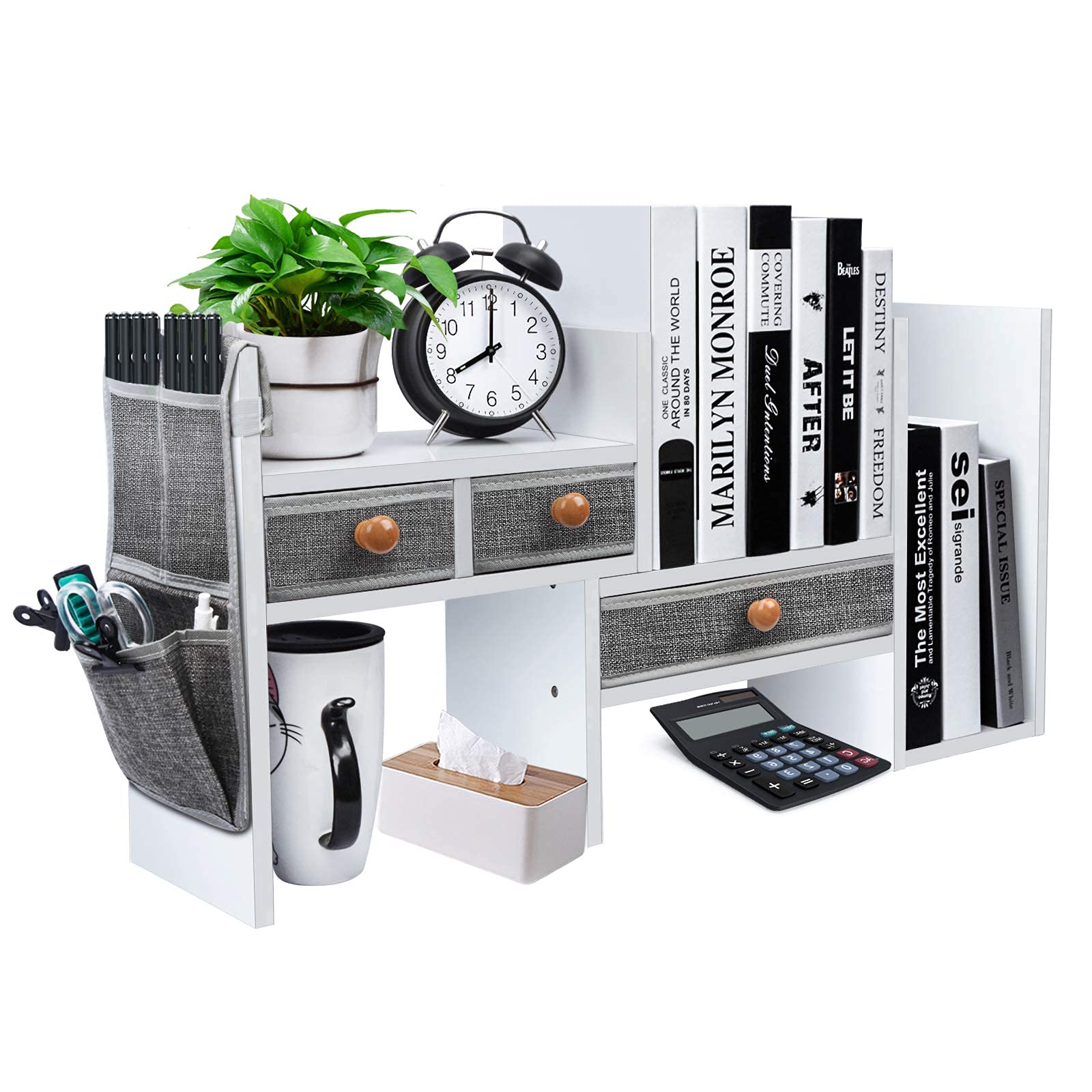 X-Cosrack Wood Expandable Desktop Bookshelf Counter Bookcase Adjustable With Drawers Desktop Shelves Rack Storage Organizer For