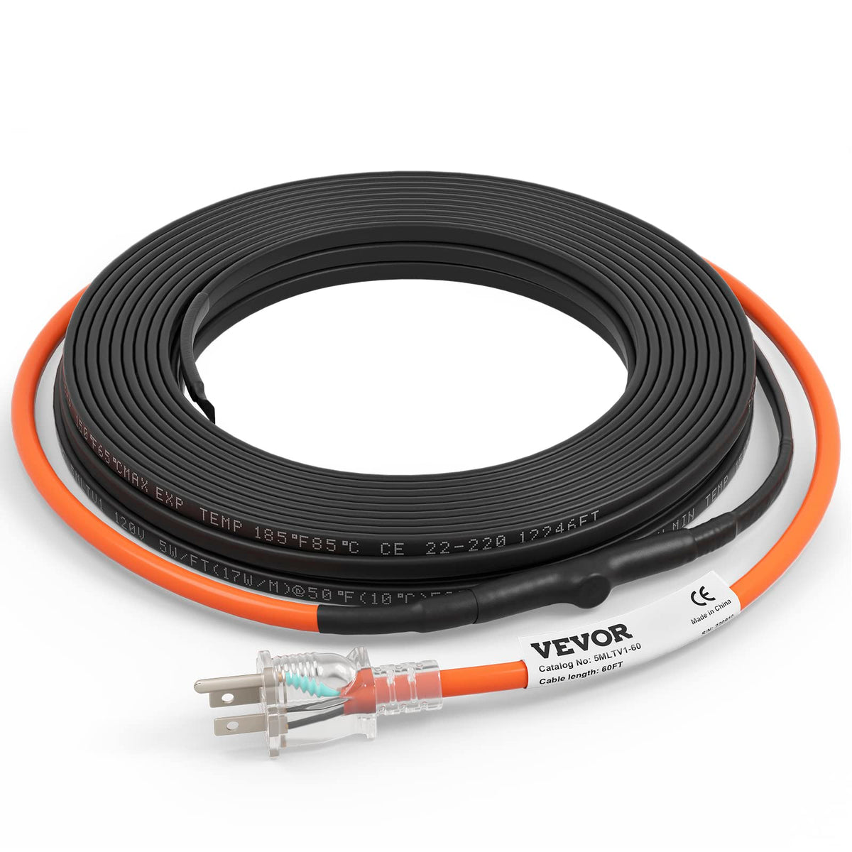 VEVOR Self-Regulating Pipe Heating Cable, 60-feet 5W/ft Heat Tape for Pipes Freeze Protection, Protects PVC Hose, Metal and Plas