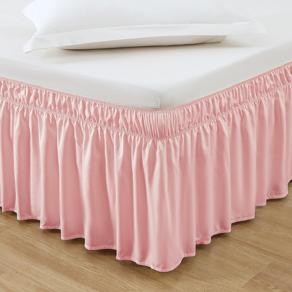 Meila Wrap Around Bed Skirt Three Fabric Sides Elastic Dust Ruffled 16 Inch Tailored Drop,Easy To Install Fade Resistant-Light Pink, Queen/King