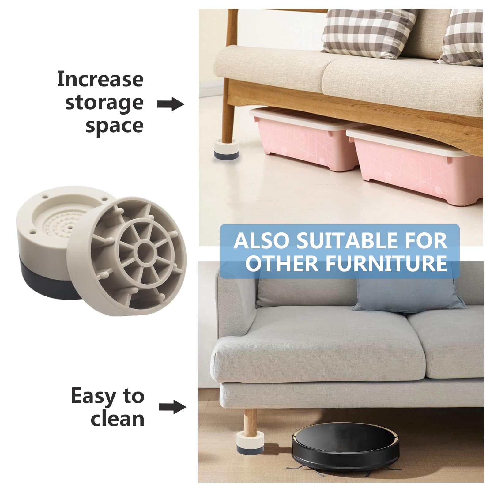 Hanihua 4 Sets Furniture Risers Bed Risers (Beige), 1 Inch Or 2 Inch Adjustable Round Bed Lifts Risers For Table, Sofa, Couch, D