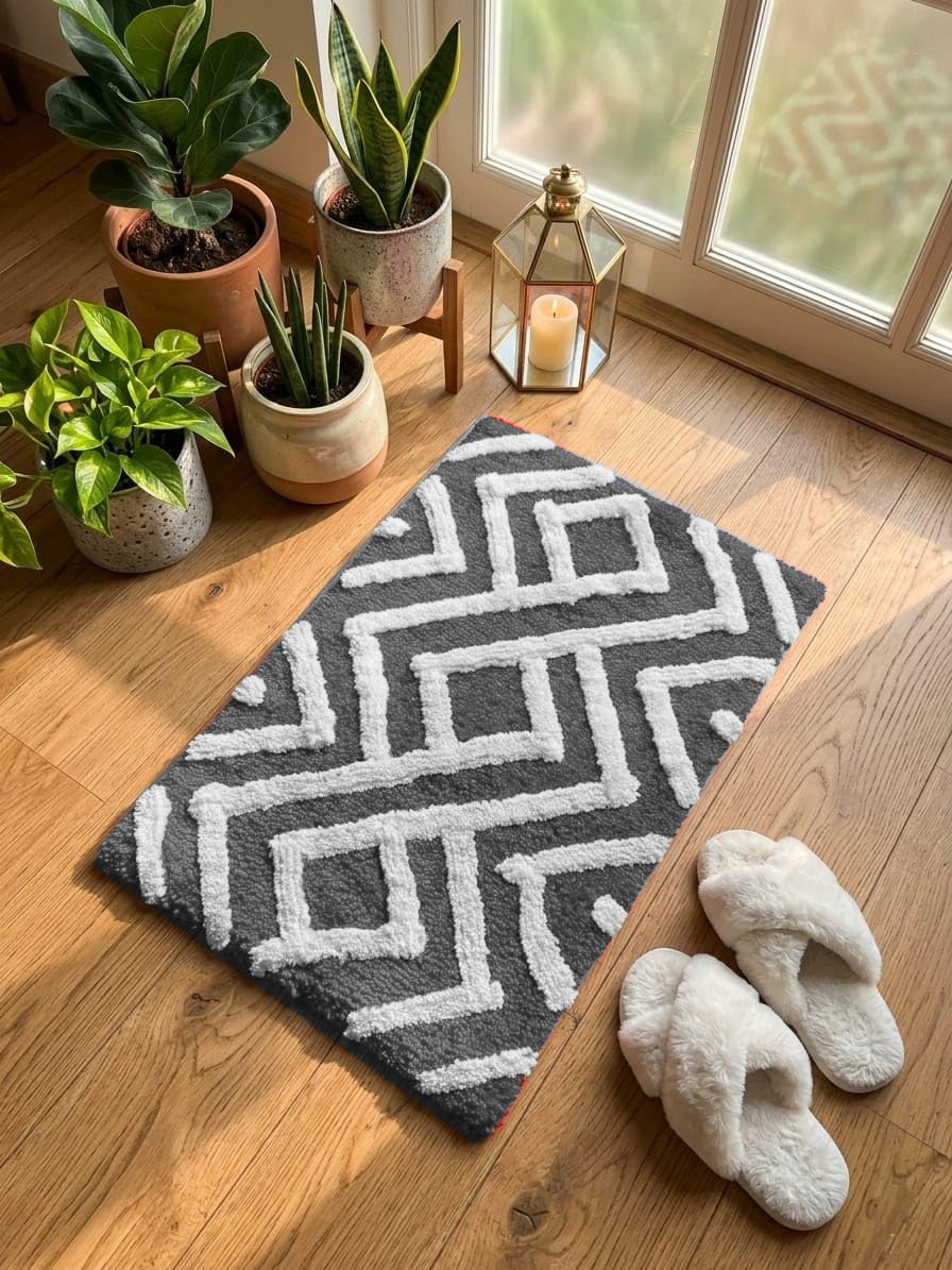 AaHo Decor 2200 Microfiber Bath Mat, Geometric Pattern, Machine Washable, NonSlip Bathroom Rug Morden 40 x 60 cm (Grey)