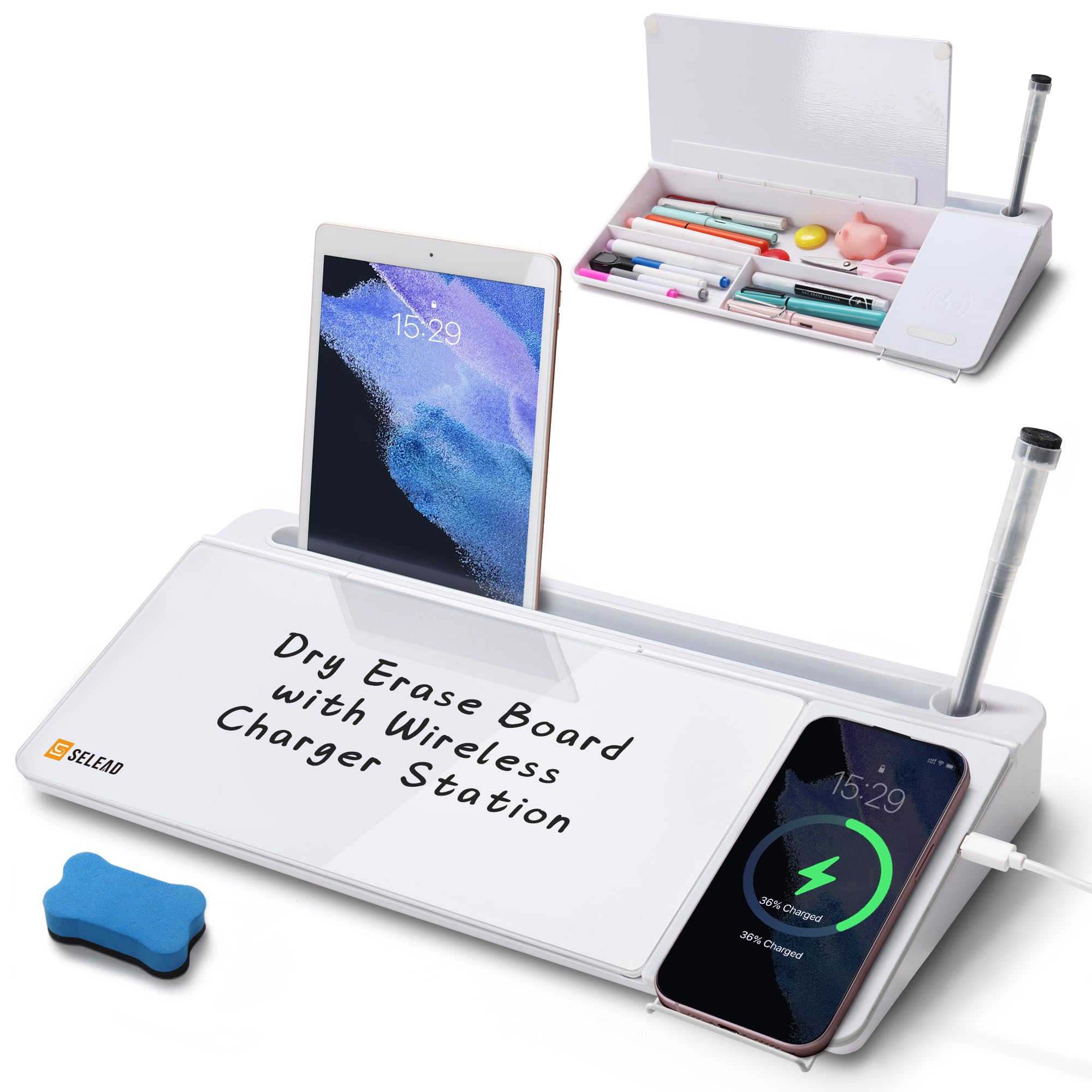 Selead Desktop Glass Whiteboard With Wireless Charger Station, Dry Erase Board Computer Pad Keyboard Stand With Organizer Drawer