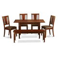 East West Furniture Norfolk 6 Piece Set Contains a Rectangle Dining Room Table with Butterfly Leaf and 4 Faux Leather Upholstered Chairs with a Bench, 32x54 Inch, Mahogany