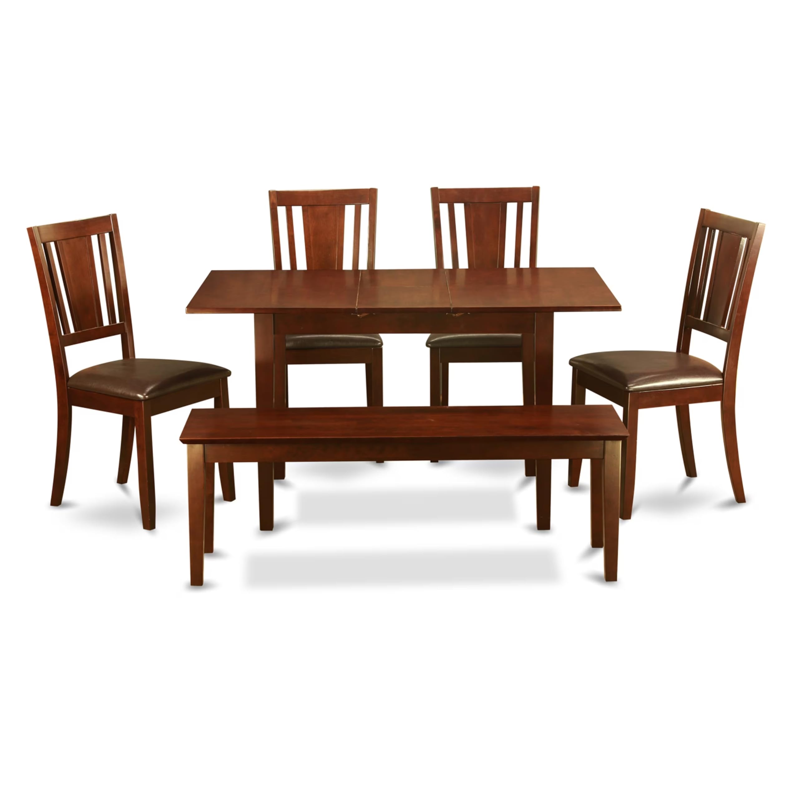 East West Furniture Norfolk 6 Piece Set Contains a Rectangle Dining Room Table with Butterfly Leaf and 4 Faux Leather Upholstered Chairs with a Bench, 32x54 Inch, Mahogany