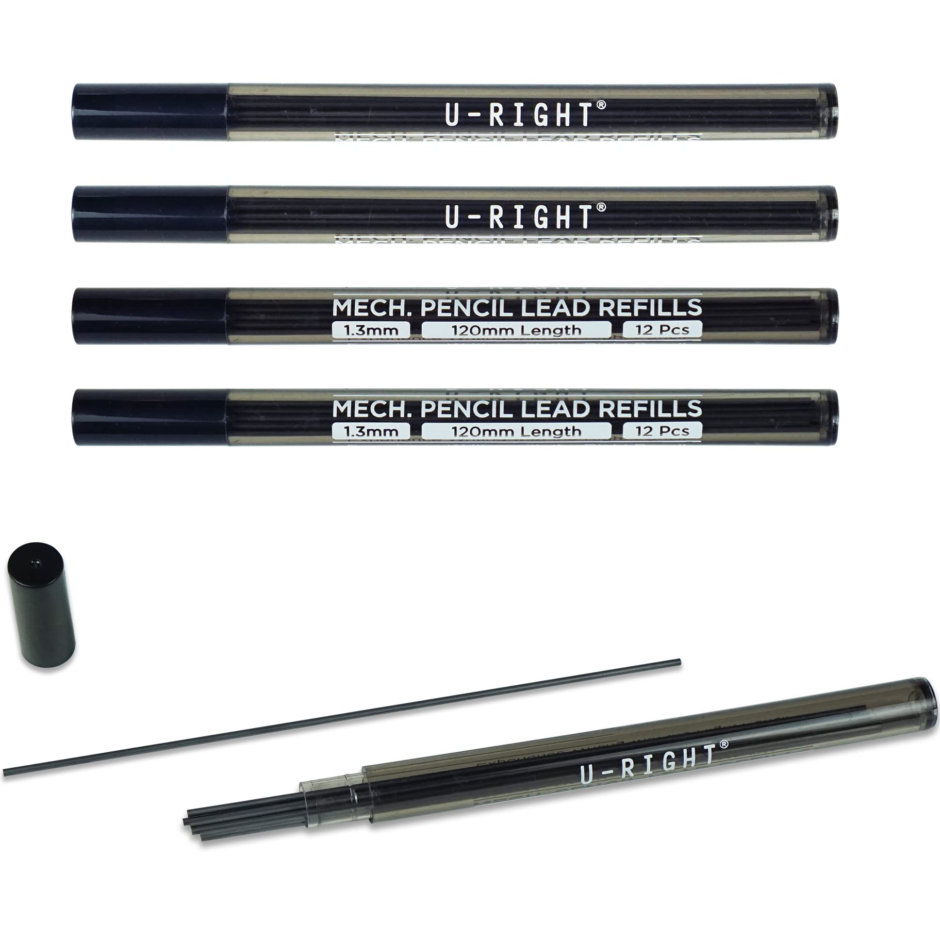 U-Right 60 Pcs 1.3 Mm Lead Refills For Mechanical Pencil, Break Resistant Weatherproof, 120 Mm Length, 12 Pcs/Tube, 5 Tubes